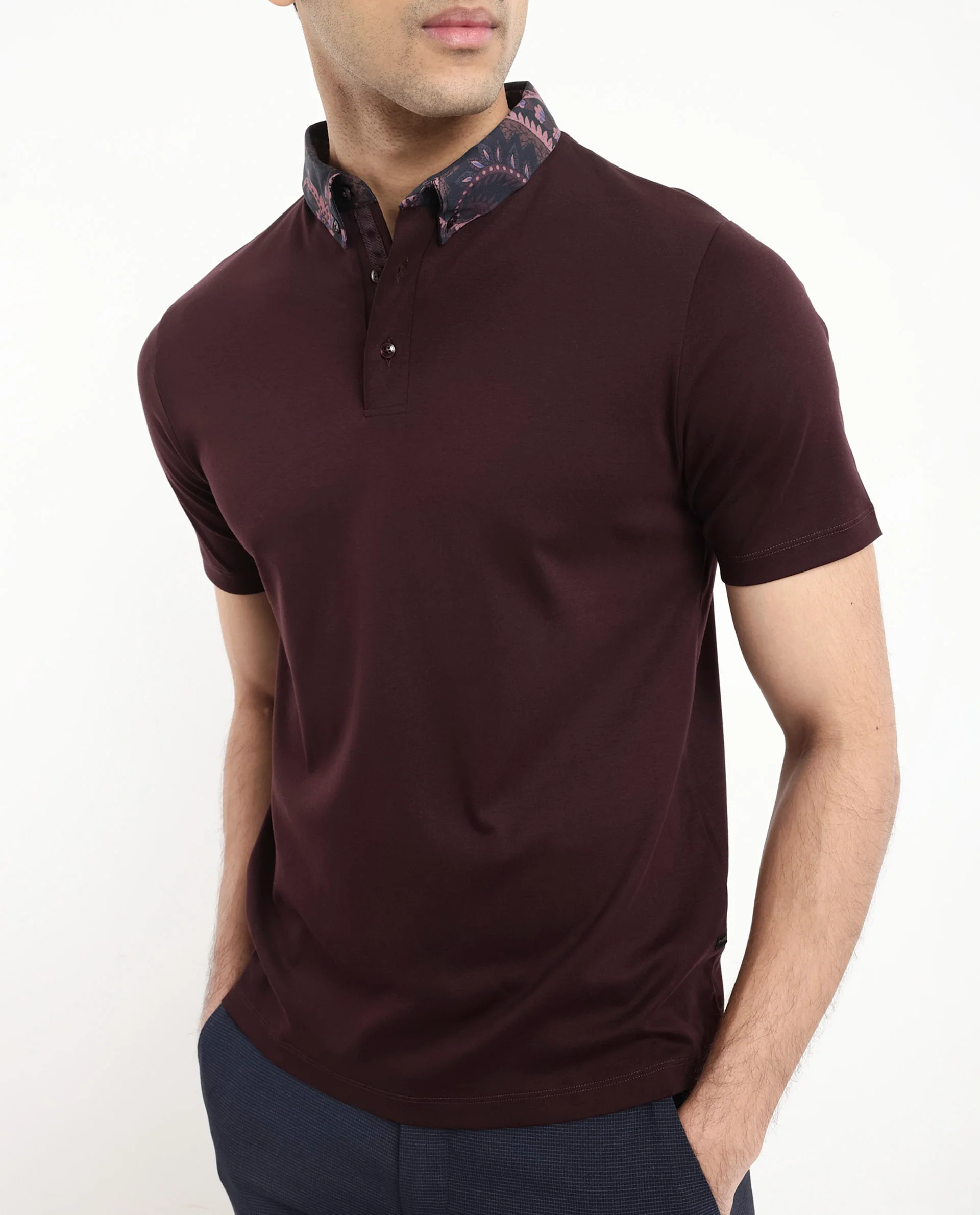 Rare Rabbit Men's Rings Maroon Cotton Plain Regular Fit Half Sleeve Polo - Image 5