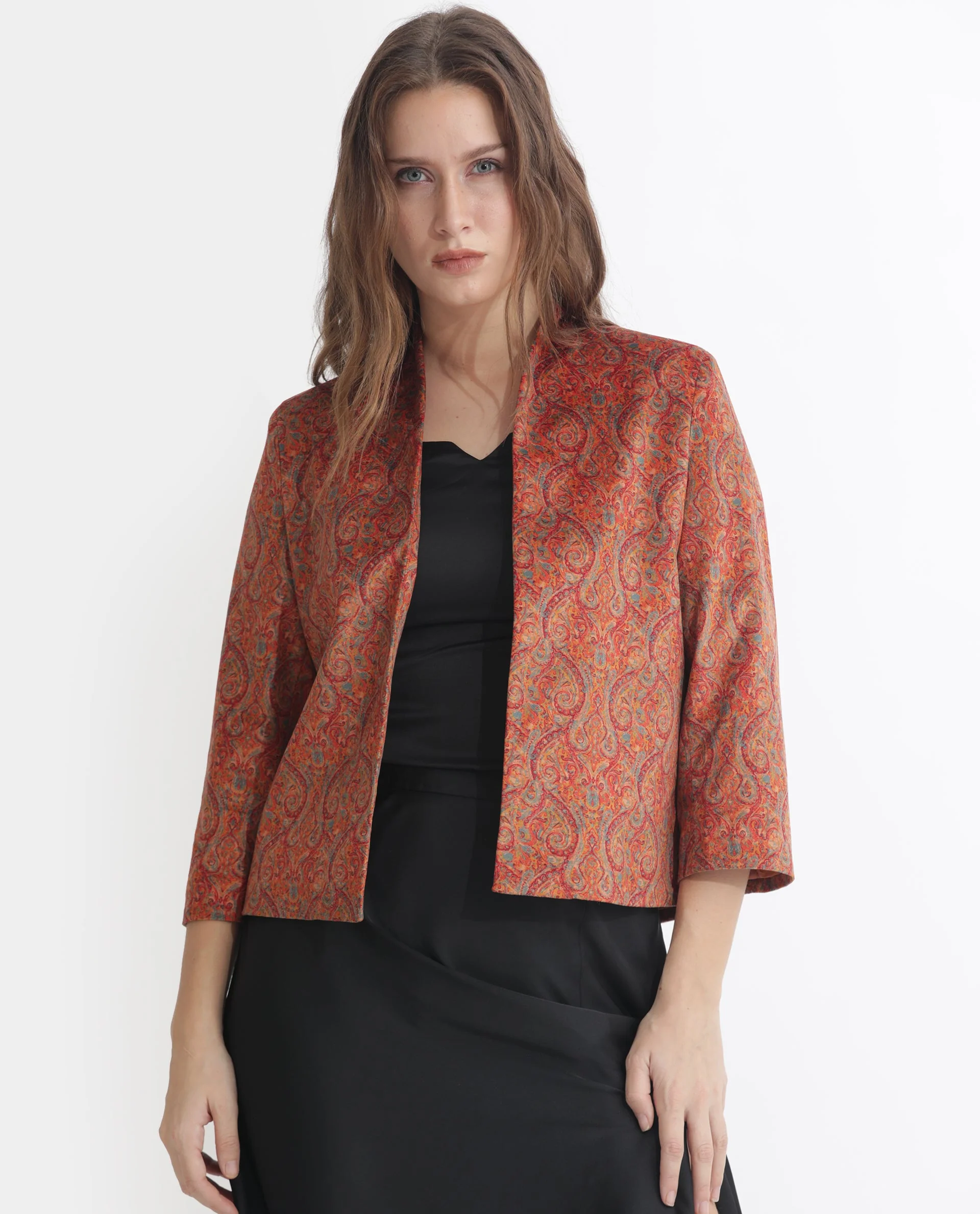 Rareism Women's Rinok Gold Velvet Collarless Paisley Print Regular Fit Shrug