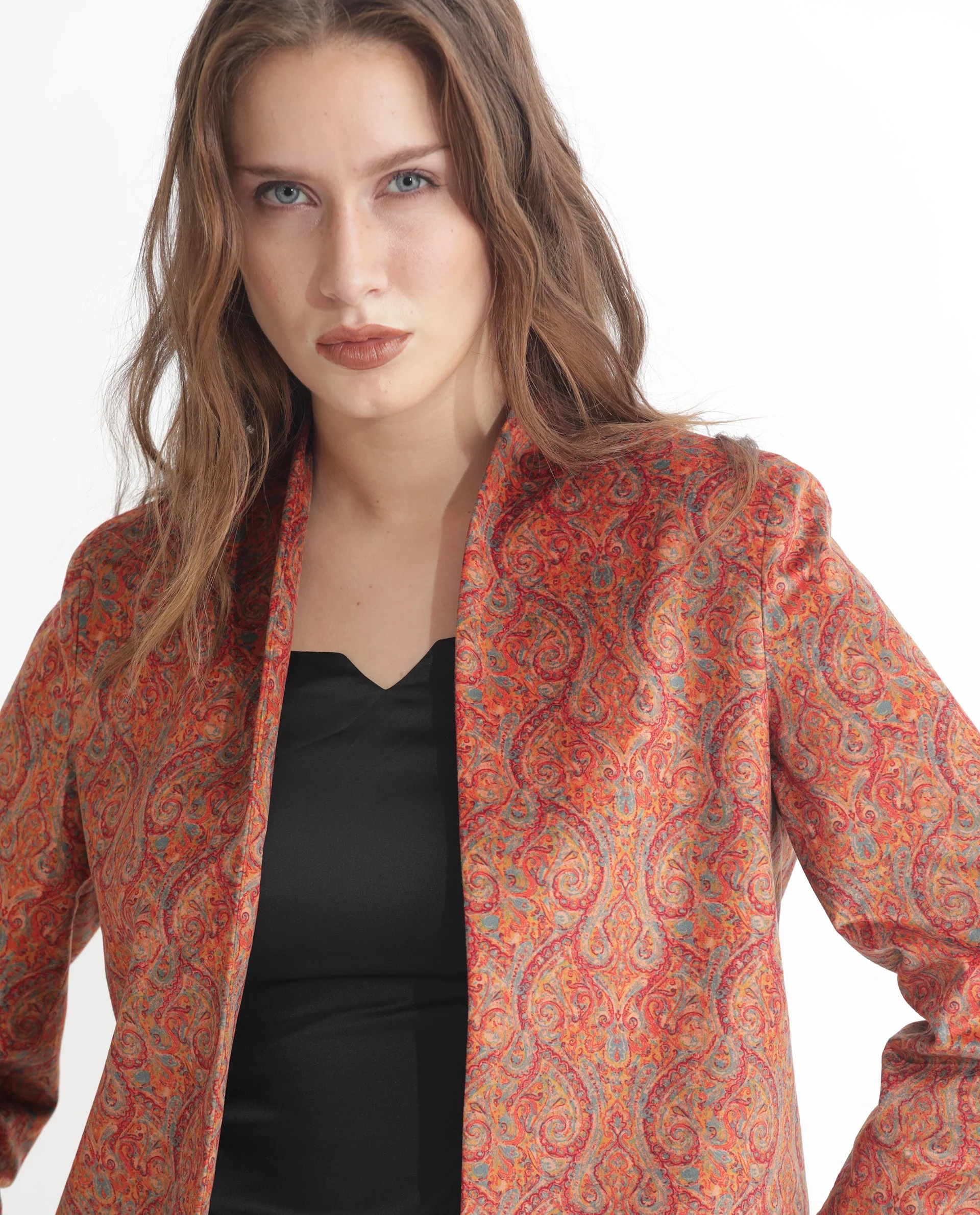 Rareism Women's Rinok Gold Velvet Collarless Paisley Print Regular Fit Shrug - Image 3