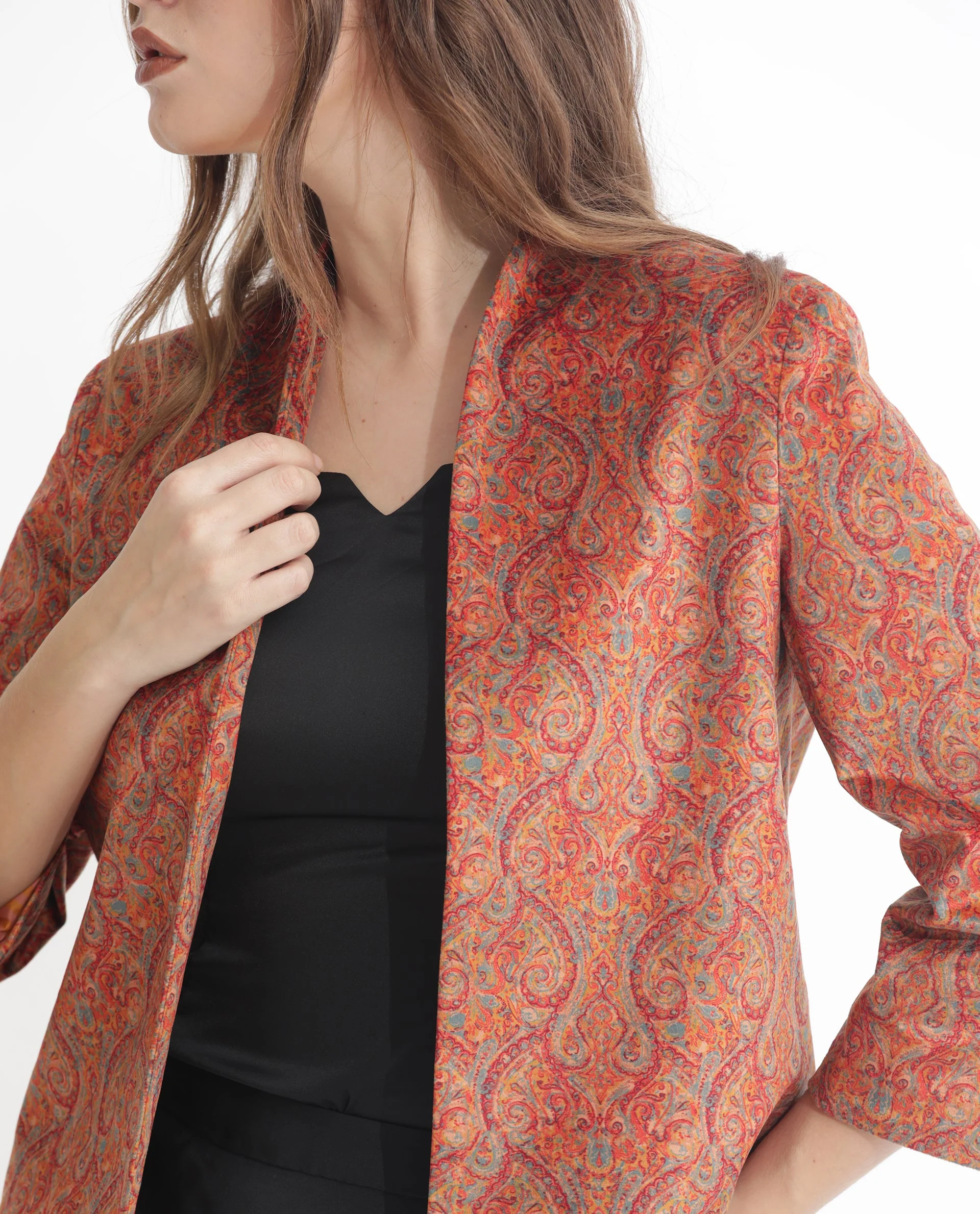 Rareism Women's Rinok Gold Velvet Collarless Paisley Print Regular Fit Shrug - Image 4