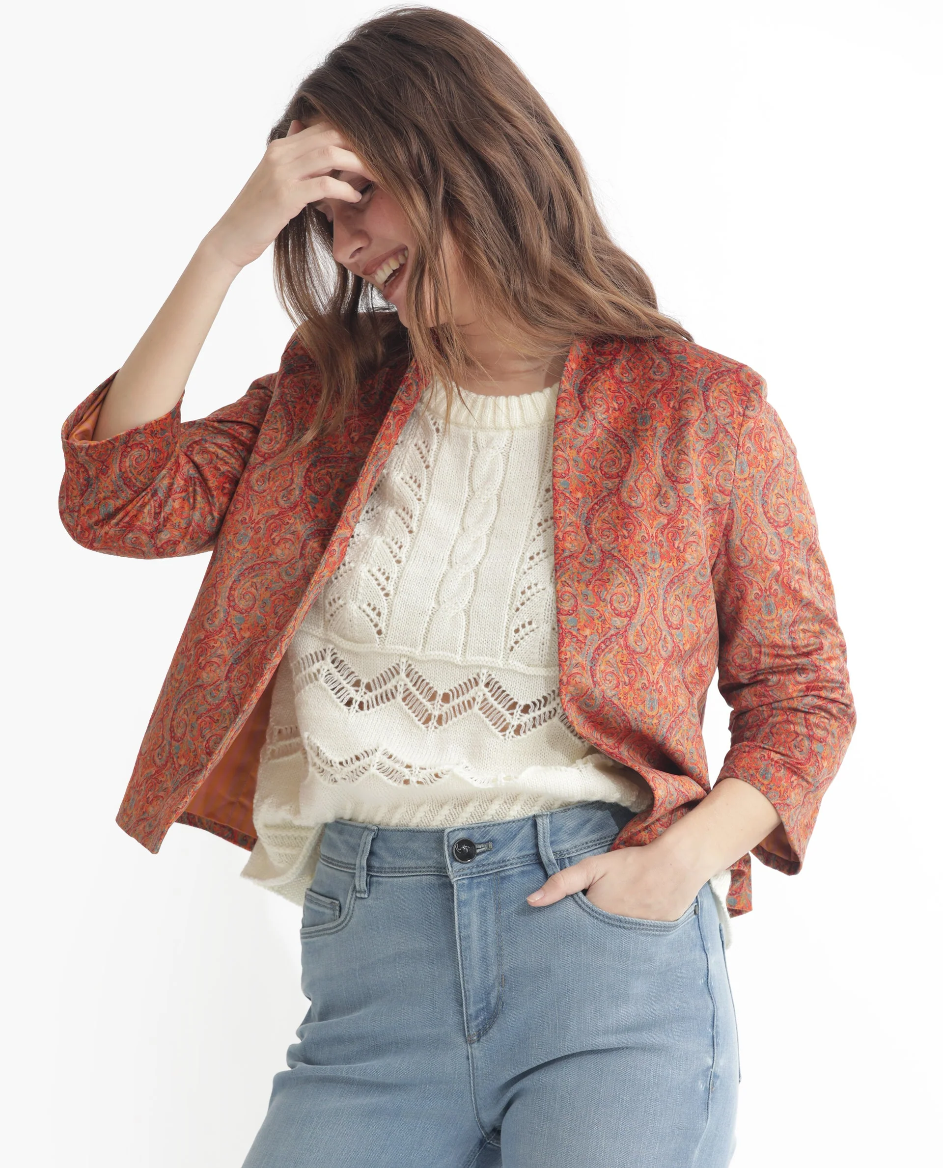 Rareism Women's Rinok Gold Velvet Collarless Paisley Print Regular Fit Shrug - Image 6