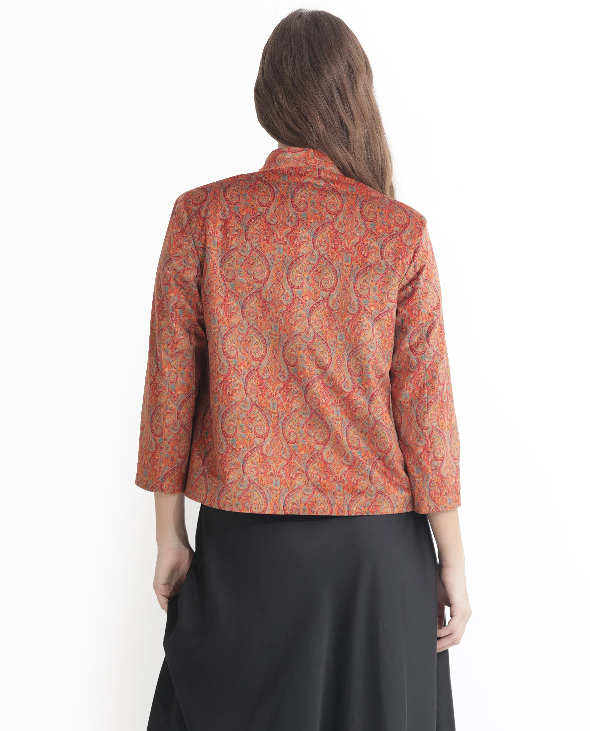 Rareism Women's Rinok Gold Velvet Collarless Paisley Print Regular Fit Shrug - Image 7