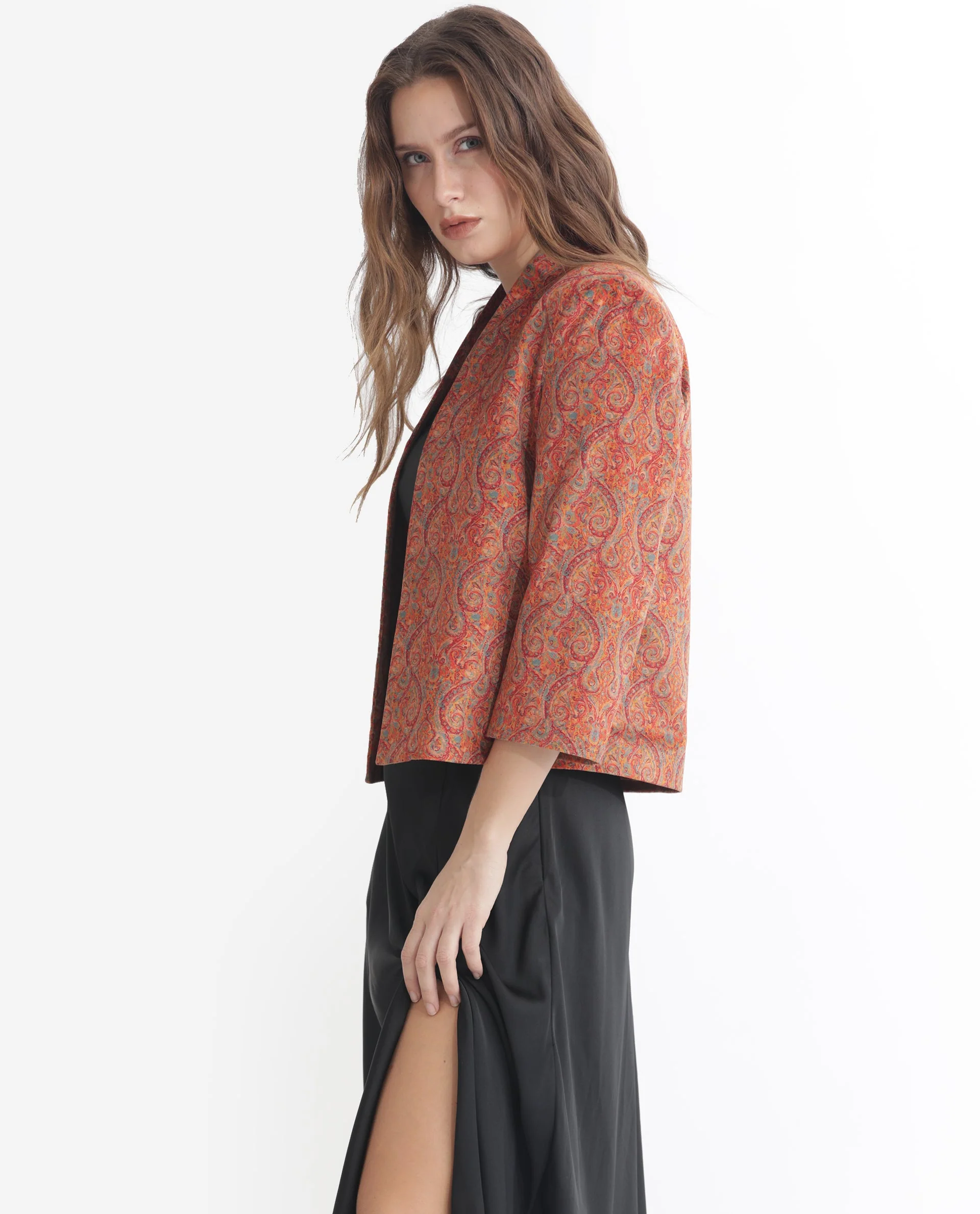 Rareism Women's Rinok Gold Velvet Collarless Paisley Print Regular Fit Shrug - Image 8