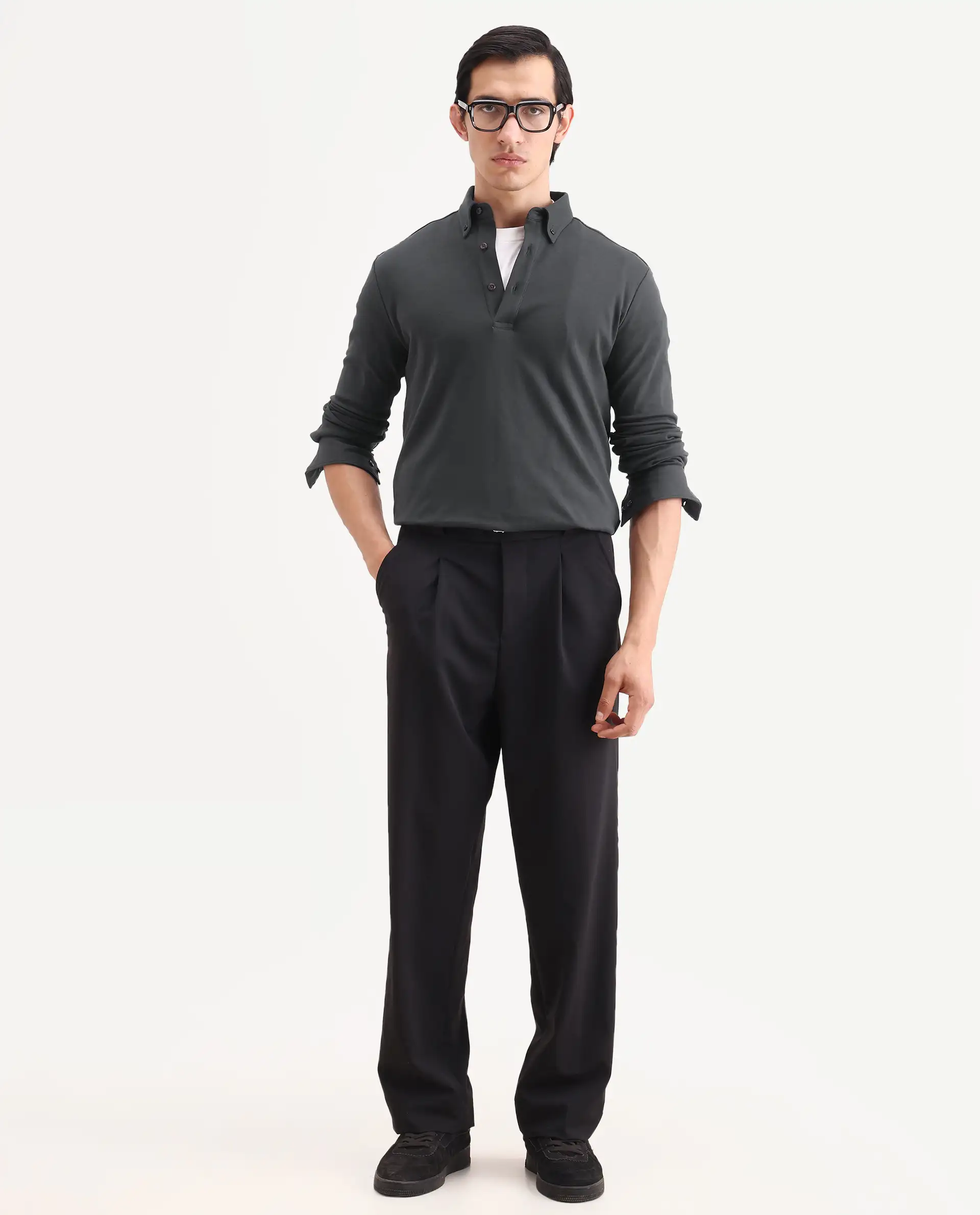 Rare Rabbit Men's Rint Dark Grey Cotton Blend Fabric Full Sleeve Spread Collar Regular Fit Plain Polo - Image 2