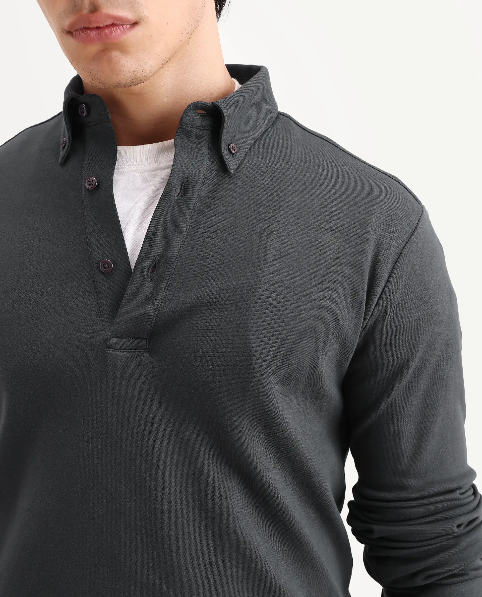 Rare Rabbit Men's Rint Dark Grey Cotton Blend Fabric Full Sleeve Spread Collar Regular Fit Plain Polo - Image 3