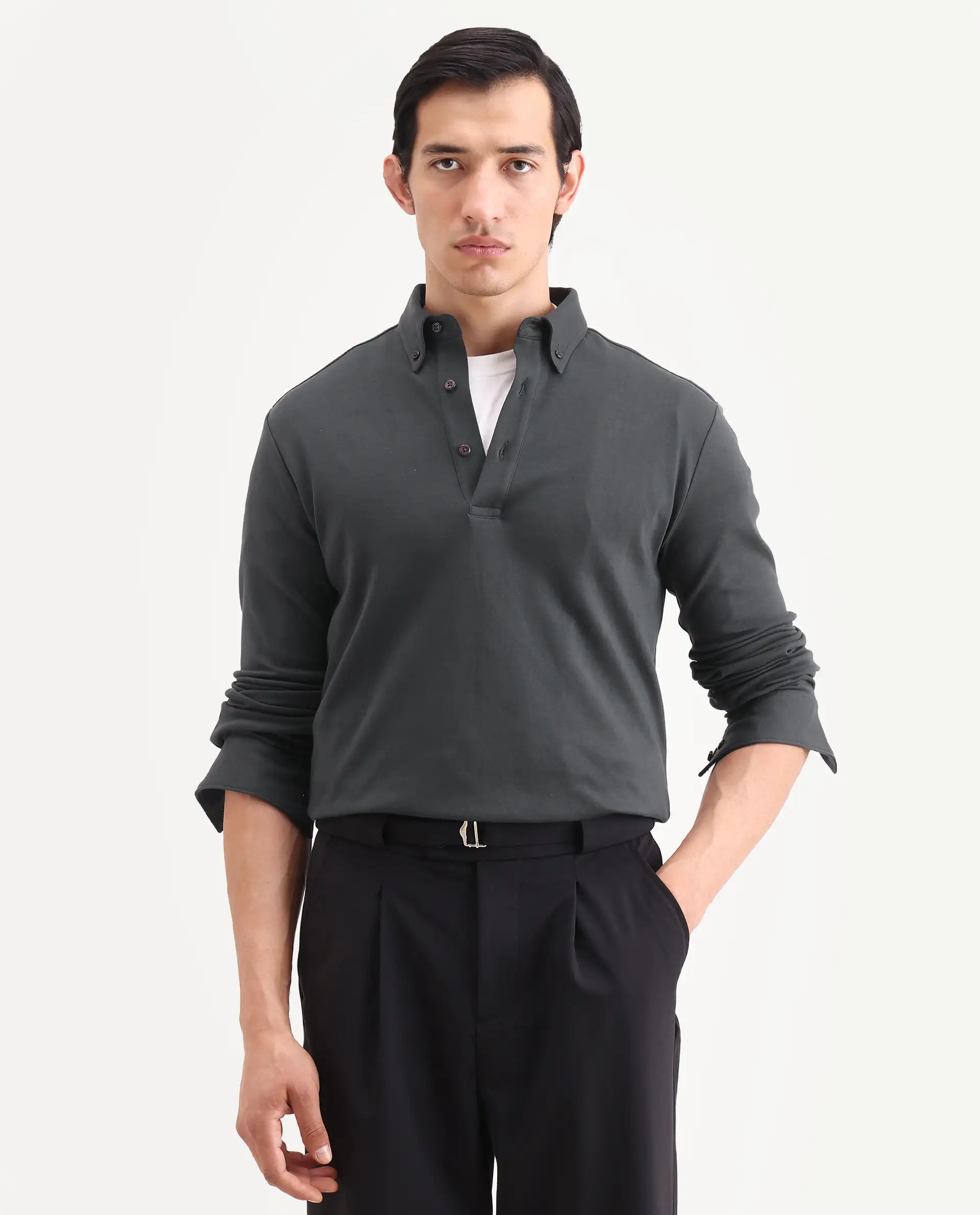 Rare Rabbit Men's Rint Dark Grey Cotton Blend Fabric Full Sleeve Spread Collar Regular Fit Plain Polo - Image 4