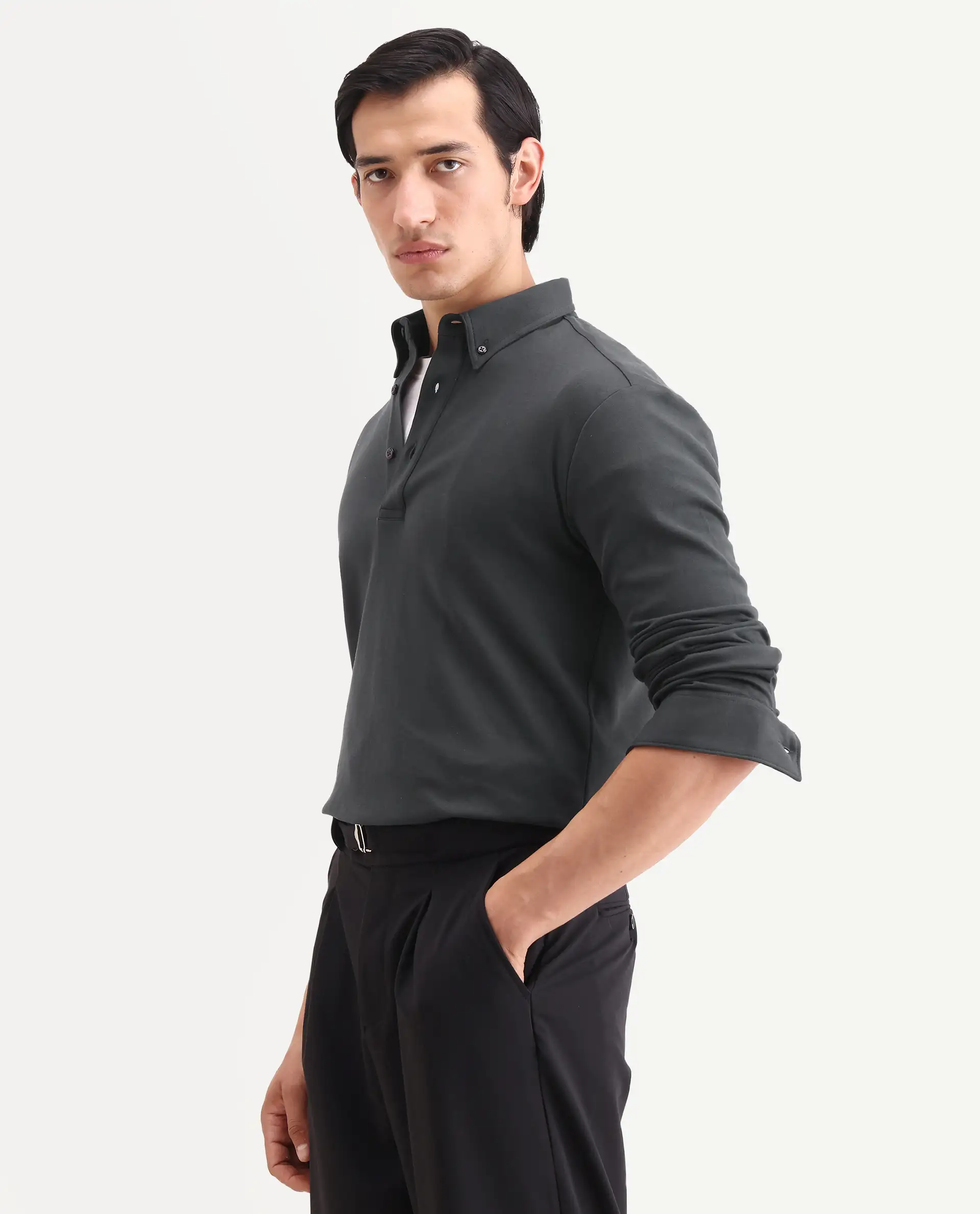 Rare Rabbit Men's Rint Dark Grey Cotton Blend Fabric Full Sleeve Spread Collar Regular Fit Plain Polo - Image 5