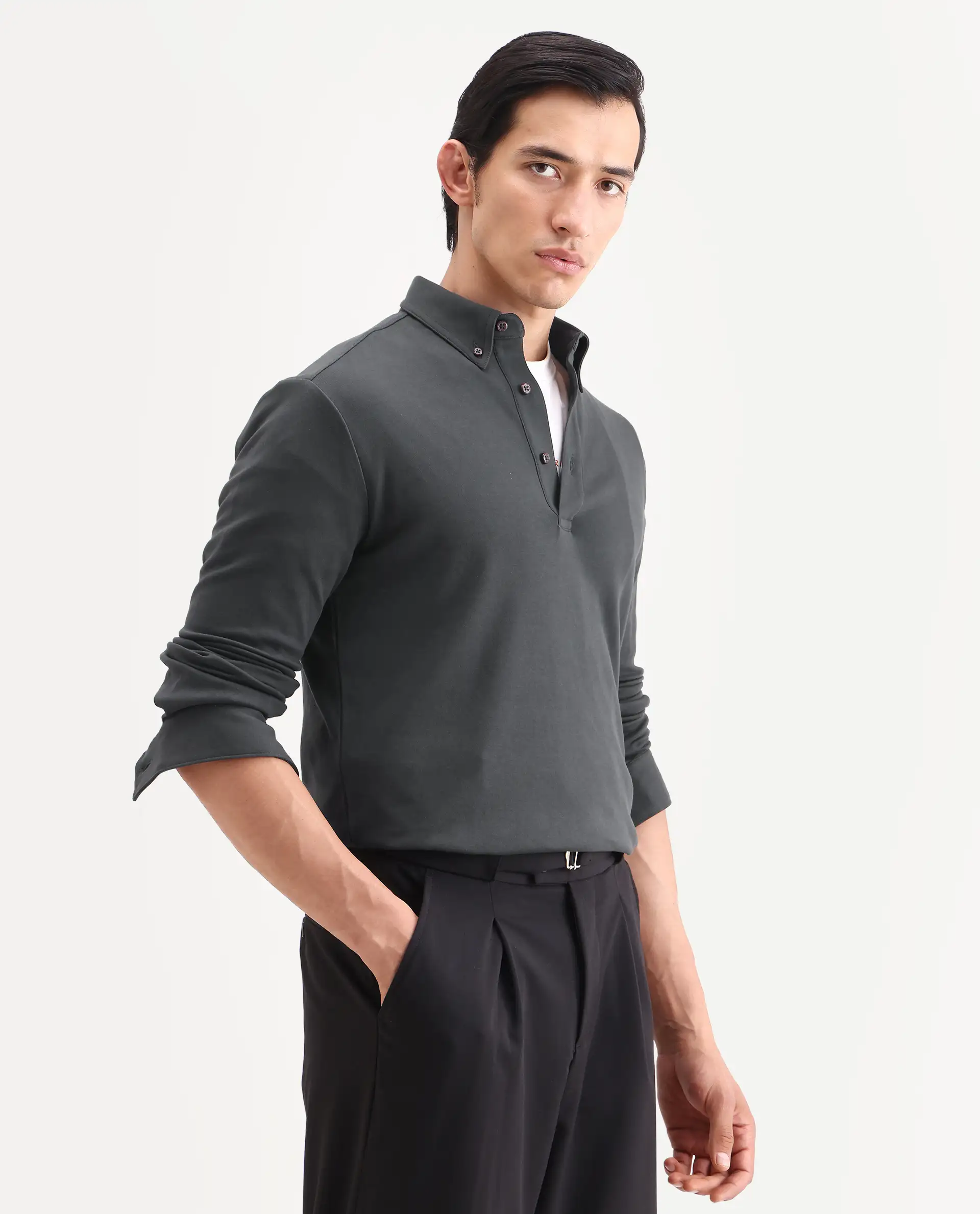 Rare Rabbit Men's Rint Dark Grey Cotton Blend Fabric Full Sleeve Spread Collar Regular Fit Plain Polo - Image 6