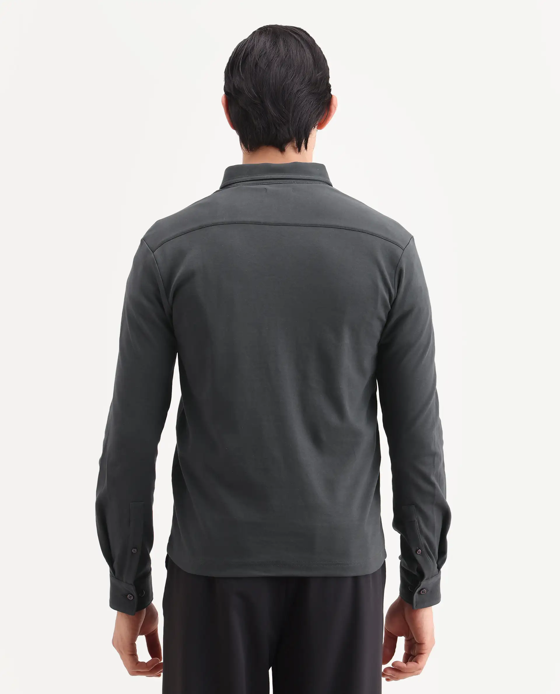 Rare Rabbit Men's Rint Dark Grey Cotton Blend Fabric Full Sleeve Spread Collar Regular Fit Plain Polo - Image 7