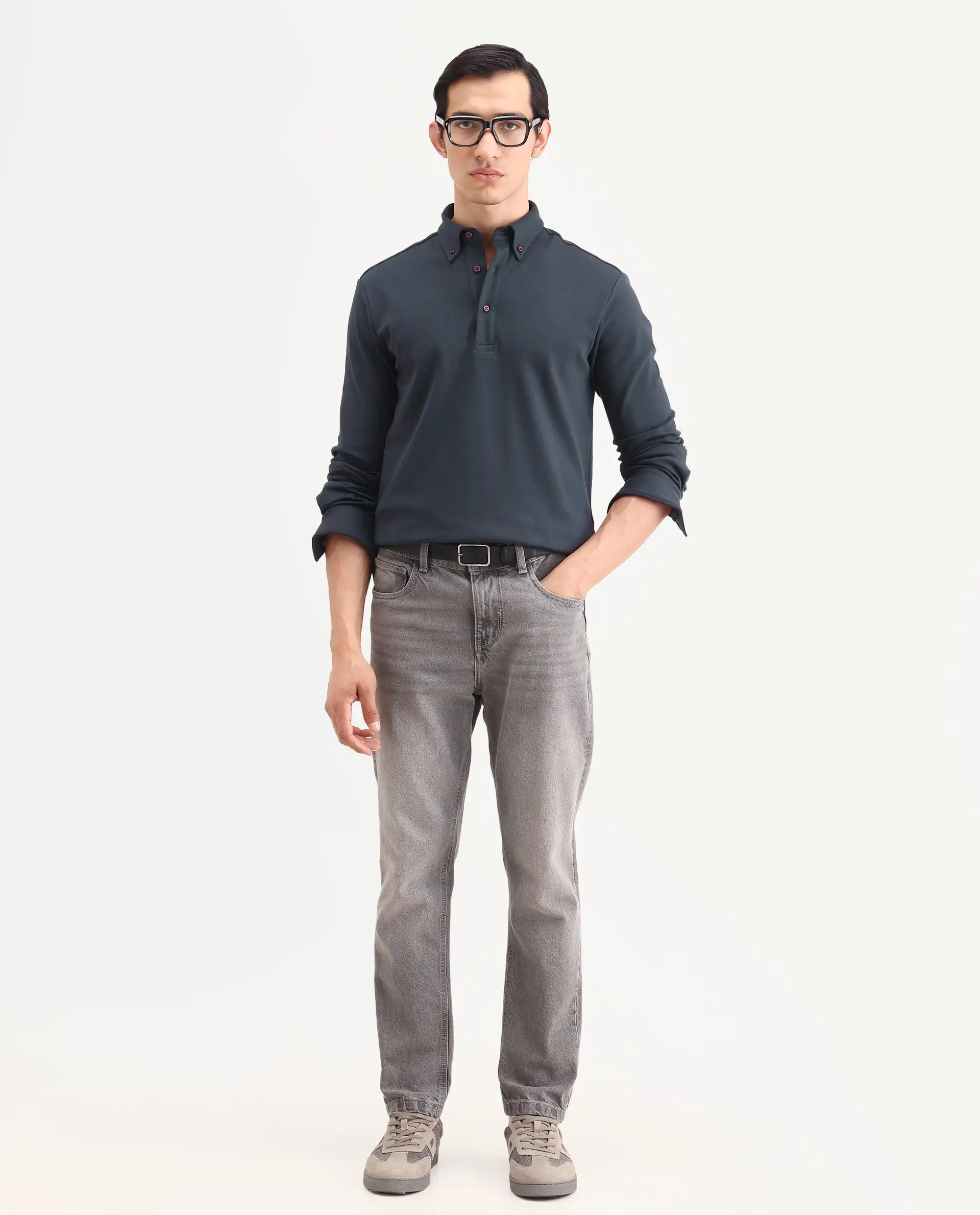Rare Rabbit Men's Rint Dark Navy Cotton Blend Fabric Full Sleeve Spread Collar Regular Fit Plain Polo - Image 2