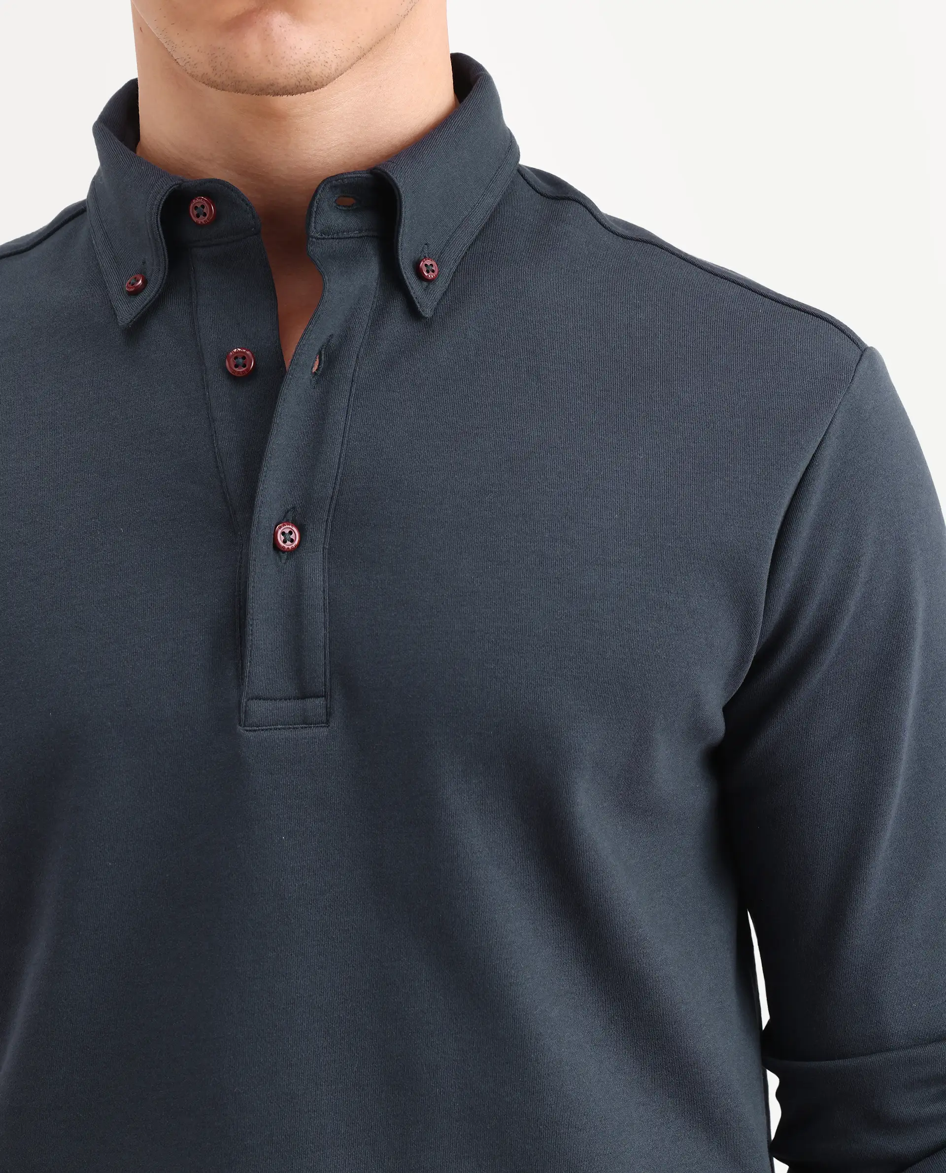 Rare Rabbit Men's Rint Dark Navy Cotton Blend Fabric Full Sleeve Spread Collar Regular Fit Plain Polo - Image 3