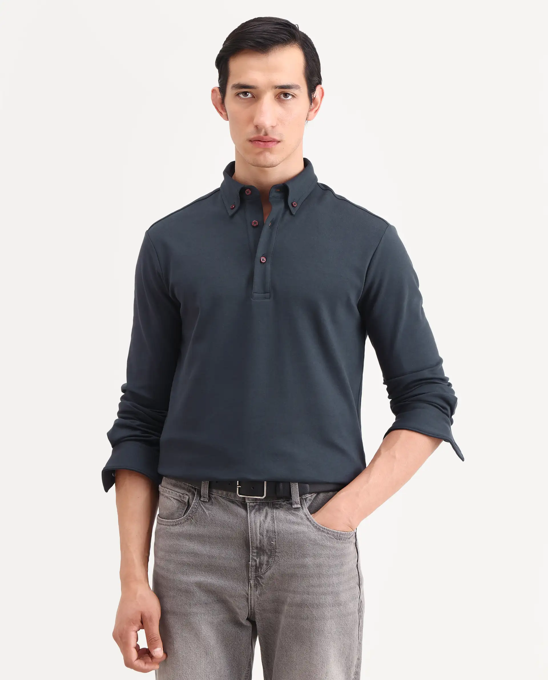 Rare Rabbit Men's Rint Dark Navy Cotton Blend Fabric Full Sleeve Spread Collar Regular Fit Plain Polo - Image 4