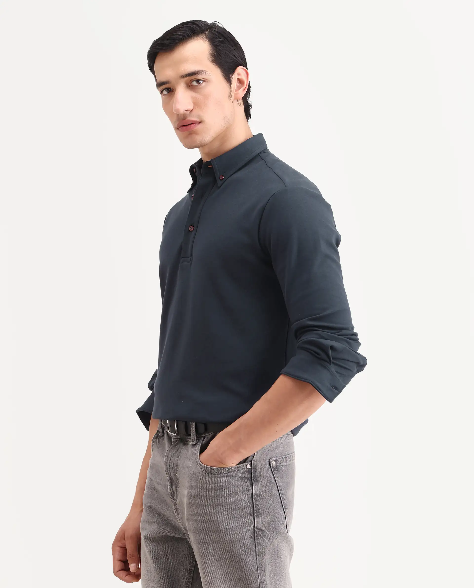Rare Rabbit Men's Rint Dark Navy Cotton Blend Fabric Full Sleeve Spread Collar Regular Fit Plain Polo - Image 5