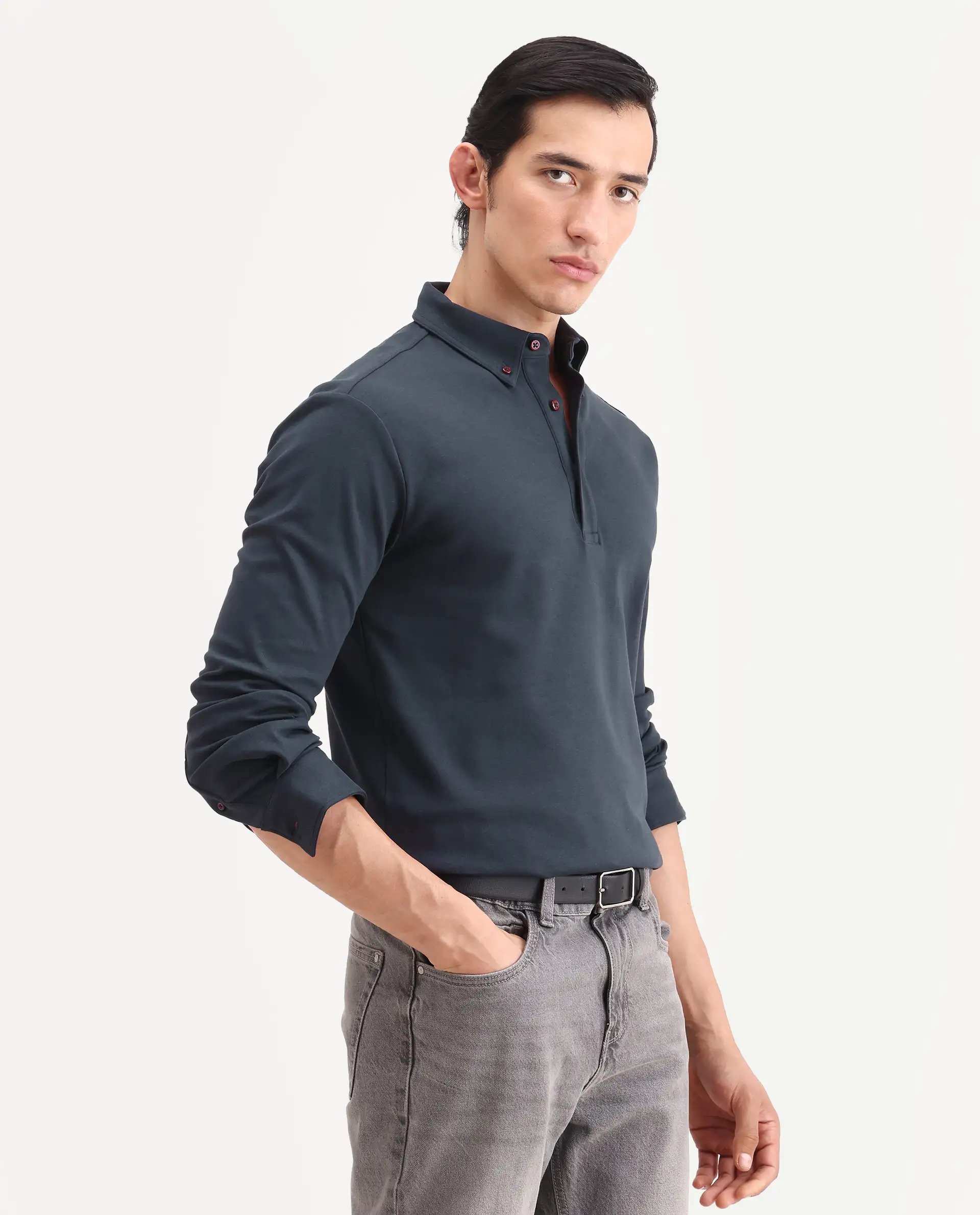 Rare Rabbit Men's Rint Dark Navy Cotton Blend Fabric Full Sleeve Spread Collar Regular Fit Plain Polo - Image 6