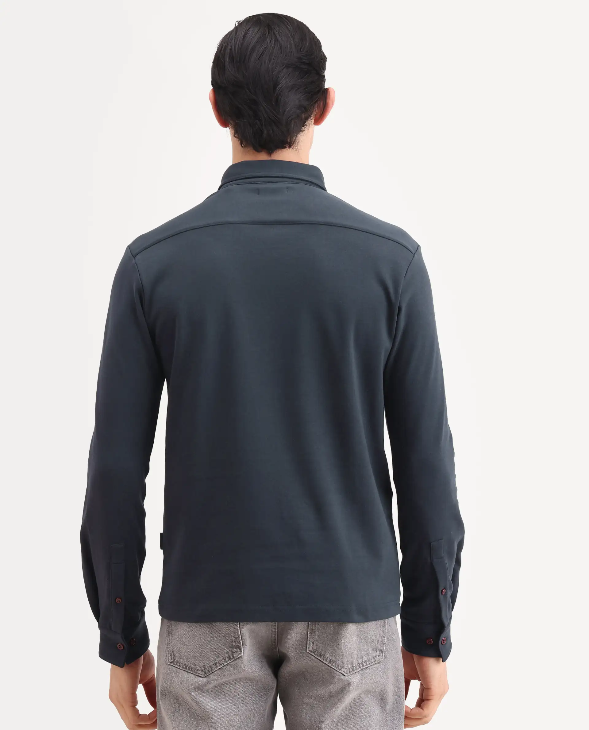 Rare Rabbit Men's Rint Dark Navy Cotton Blend Fabric Full Sleeve Spread Collar Regular Fit Plain Polo - Image 7