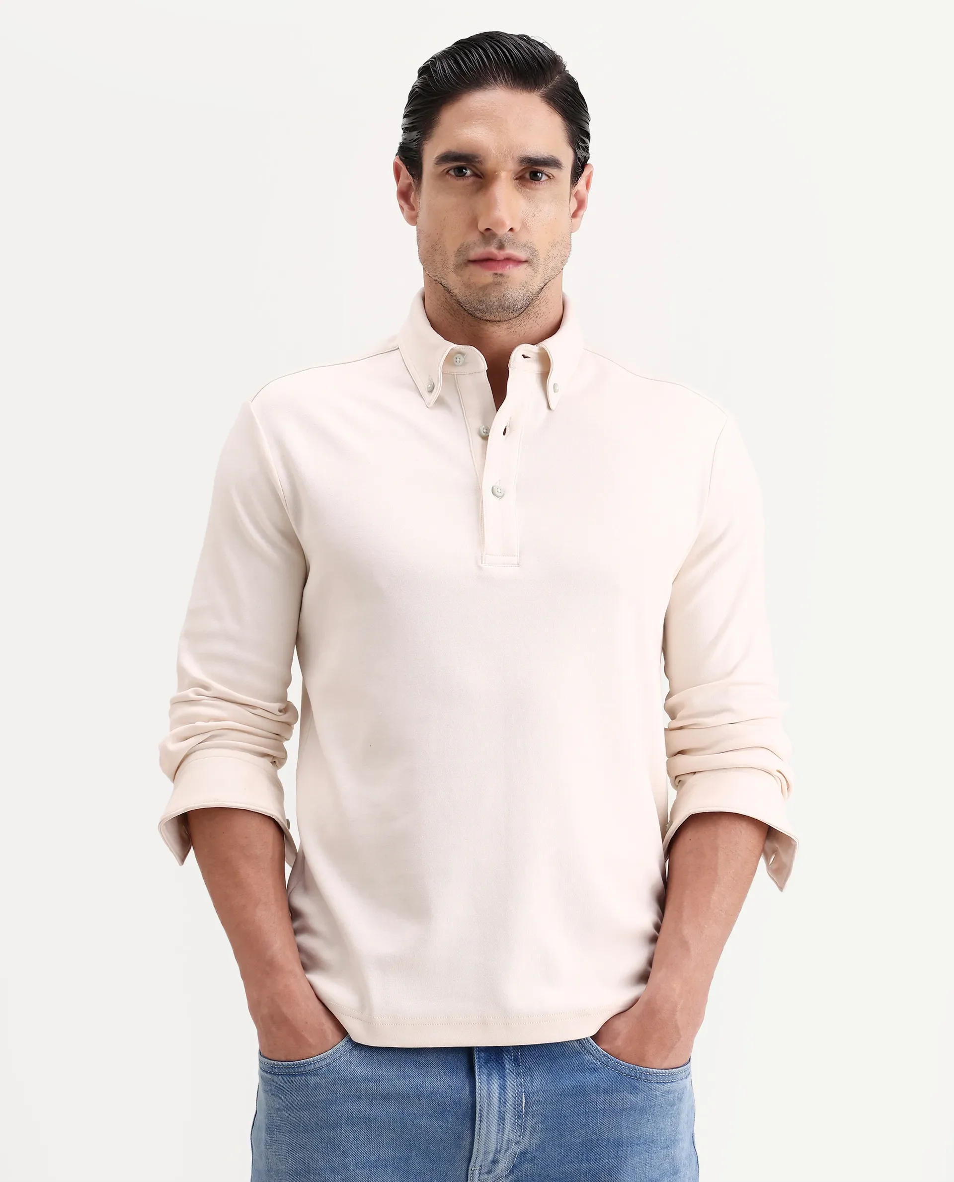 Rare Rabbit Men's Rint Off White Cotton Blend Fabric Full Sleeve Spread Collar Regular Fit Plain Polo