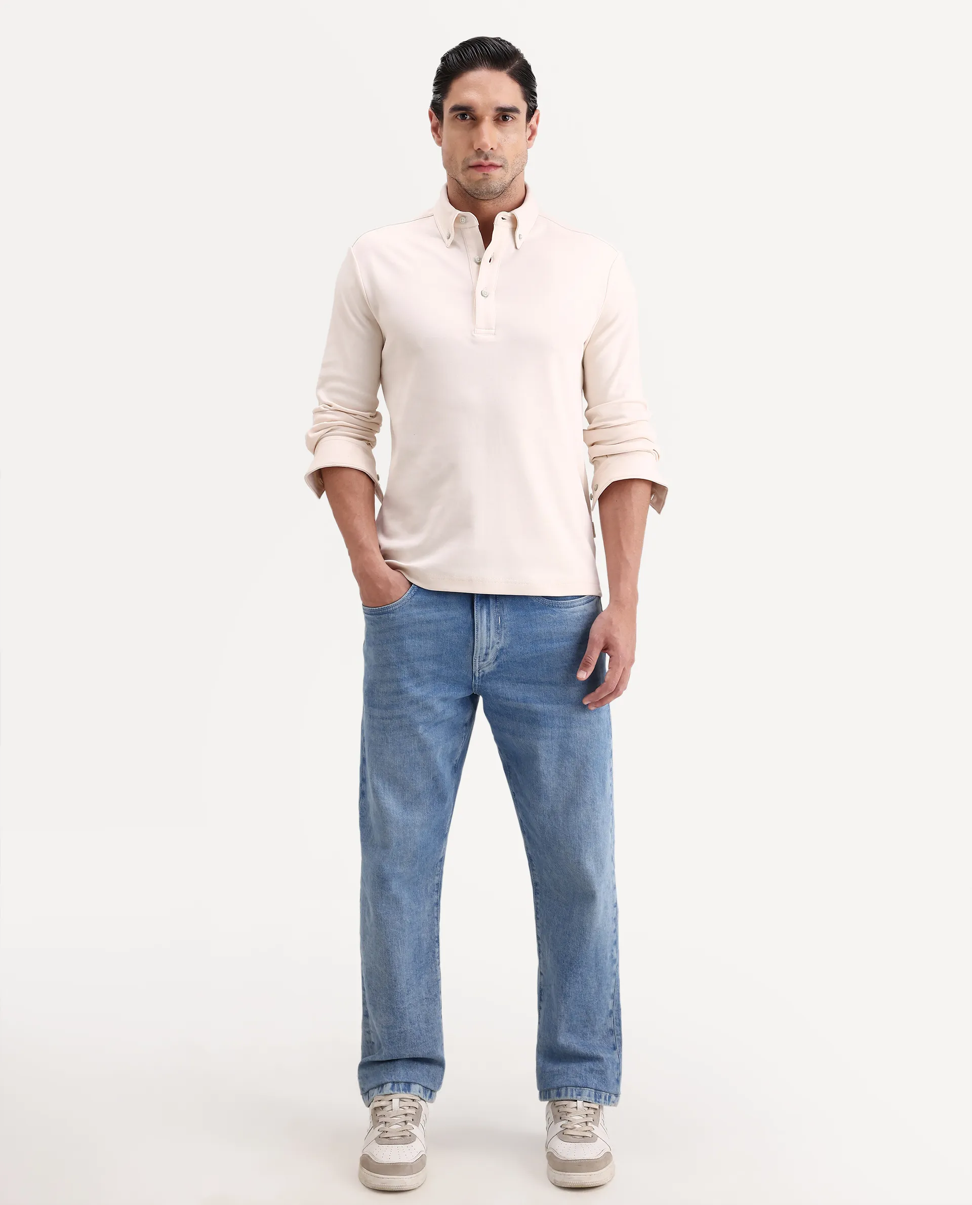 Rare Rabbit Men's Rint Off White Cotton Blend Fabric Full Sleeve Spread Collar Regular Fit Plain Polo - Image 2