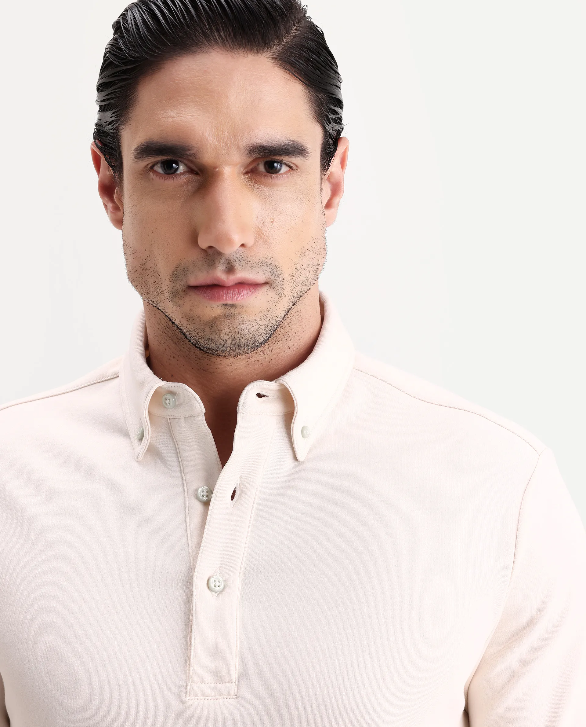 Rare Rabbit Men's Rint Off White Cotton Blend Fabric Full Sleeve Spread Collar Regular Fit Plain Polo - Image 3