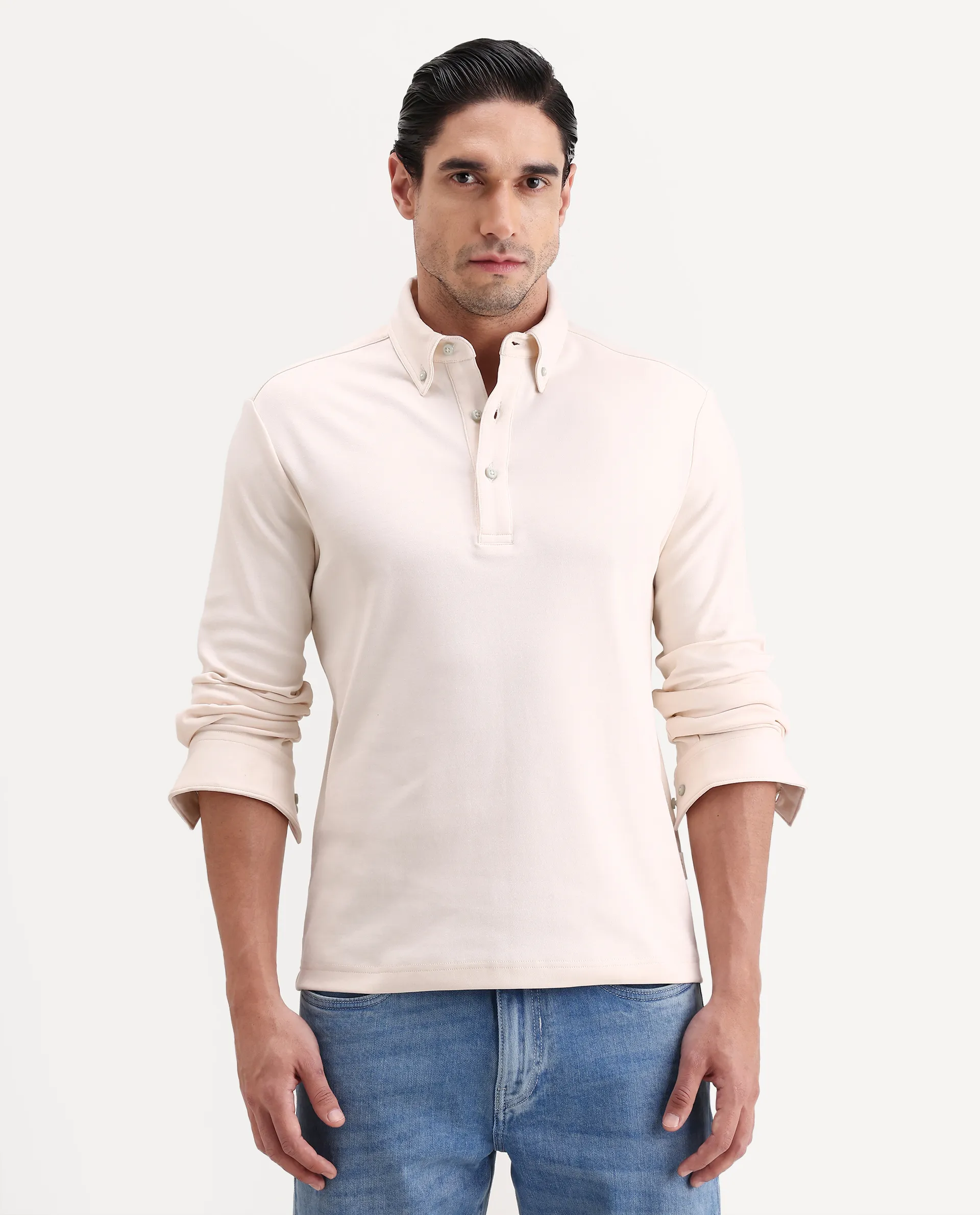 Rare Rabbit Men's Rint Off White Cotton Blend Fabric Full Sleeve Spread Collar Regular Fit Plain Polo - Image 4