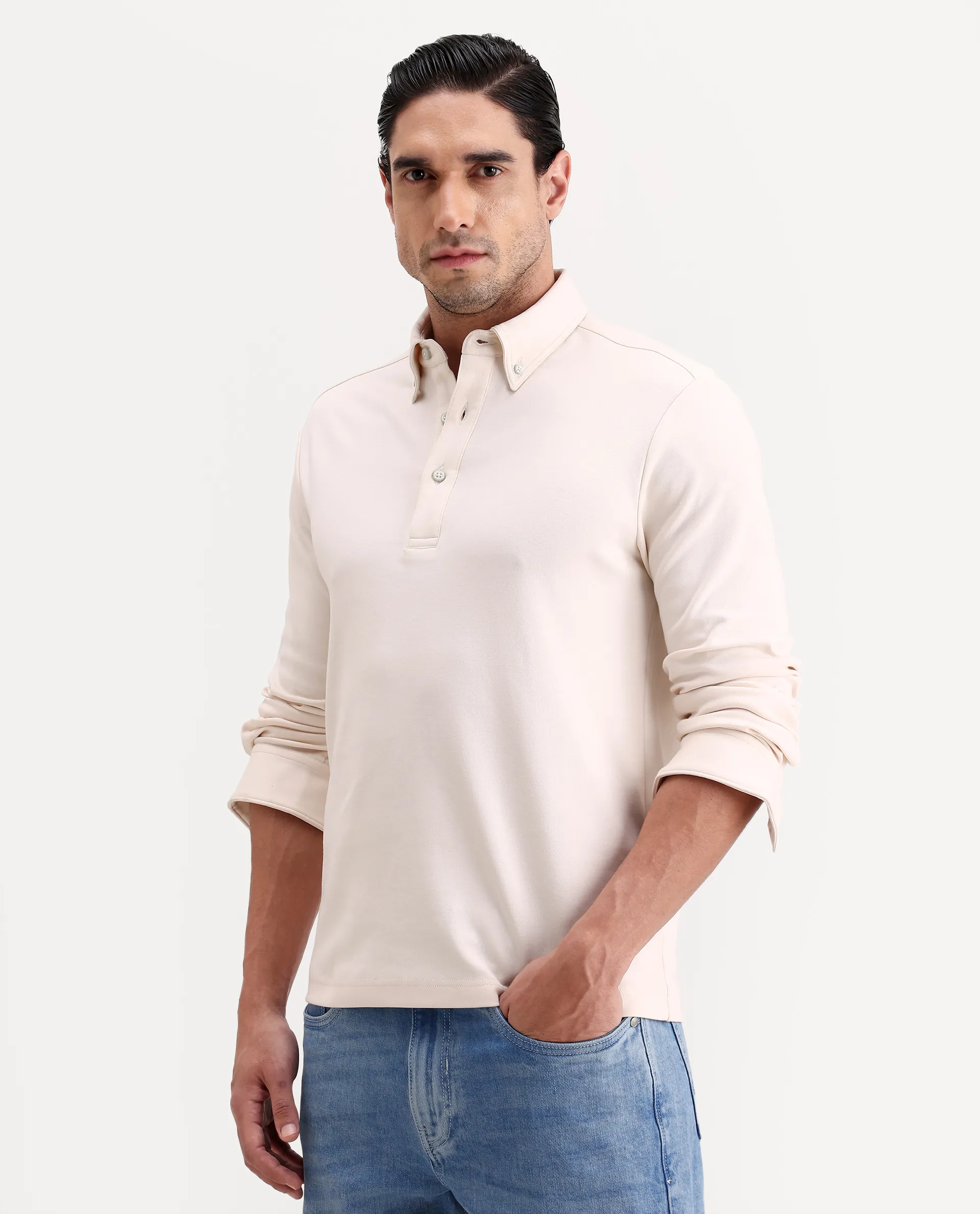 Rare Rabbit Men's Rint Off White Cotton Blend Fabric Full Sleeve Spread Collar Regular Fit Plain Polo - Image 5