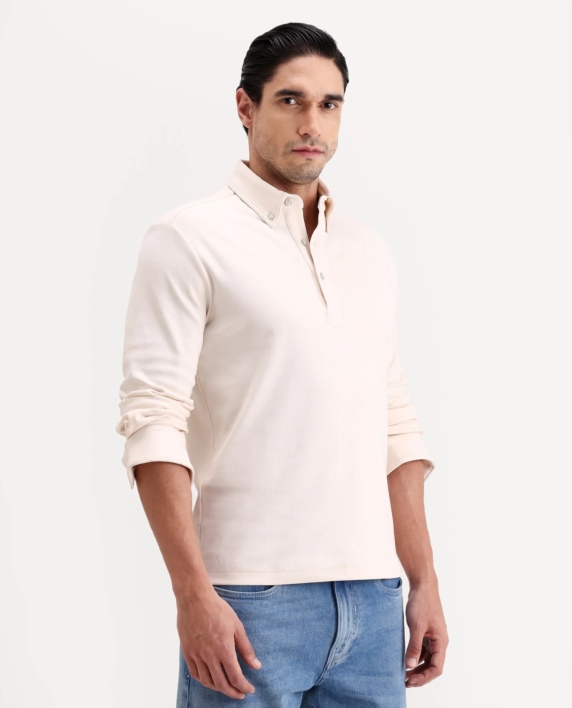 Rare Rabbit Men's Rint Off White Cotton Blend Fabric Full Sleeve Spread Collar Regular Fit Plain Polo - Image 6