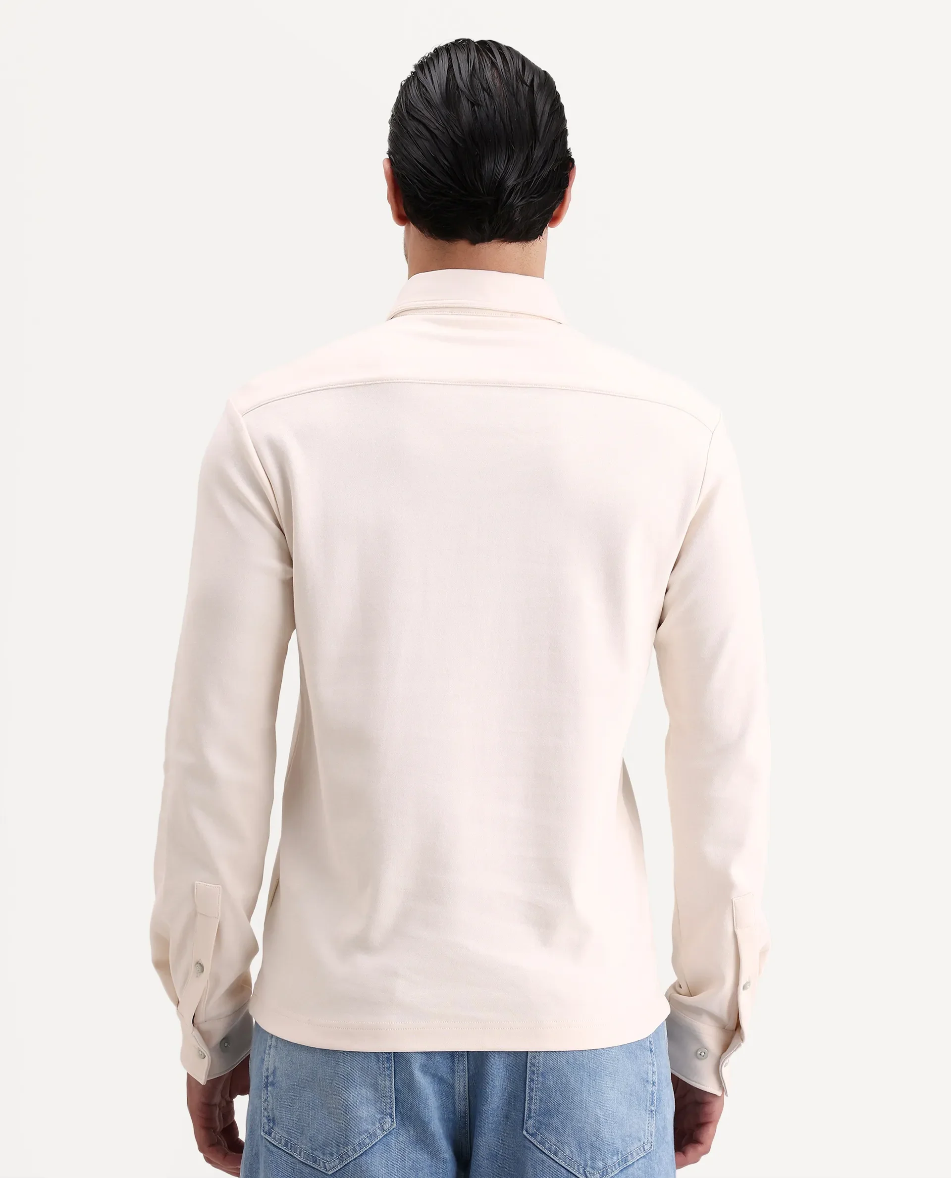 Rare Rabbit Men's Rint Off White Cotton Blend Fabric Full Sleeve Spread Collar Regular Fit Plain Polo - Image 7