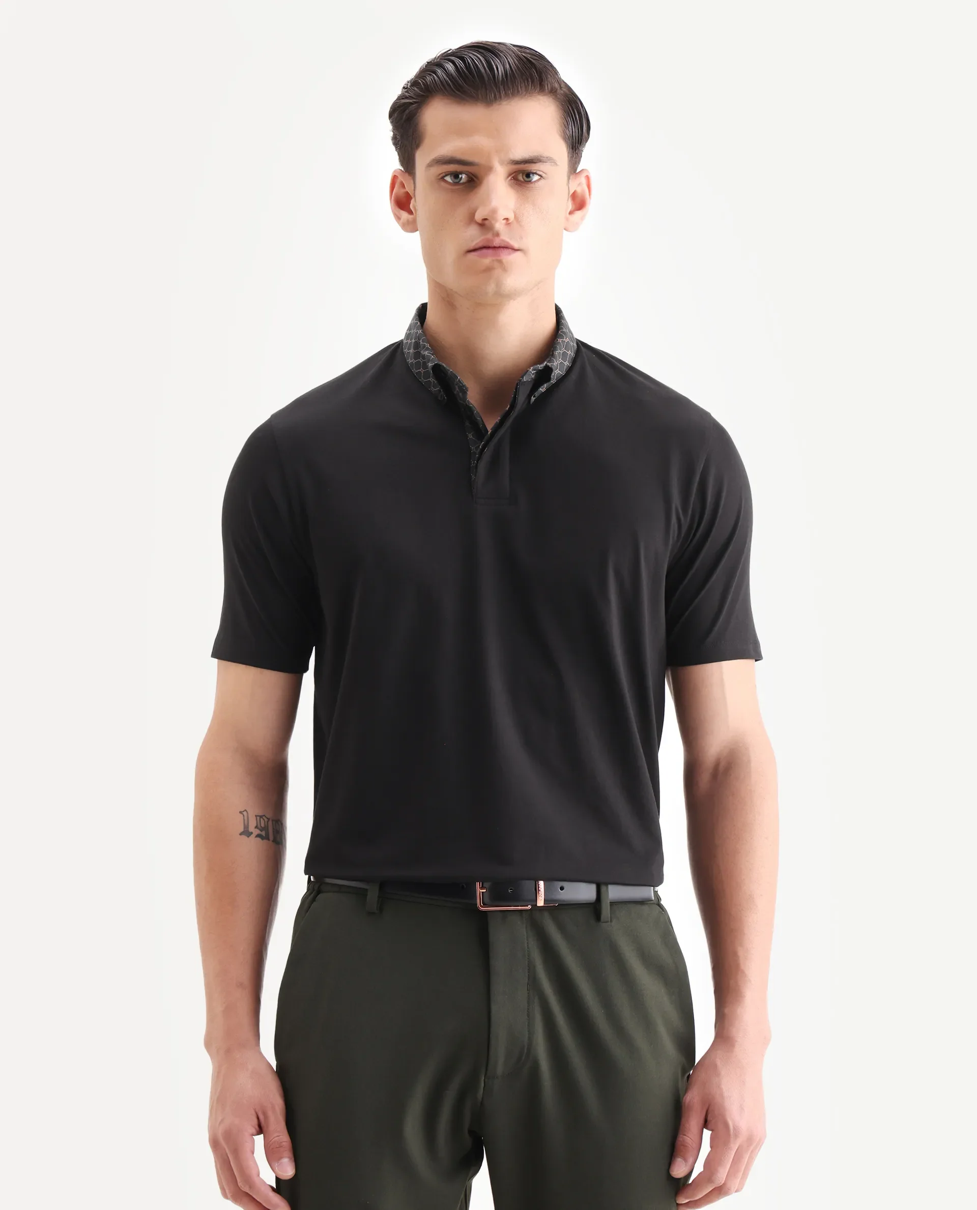 Rare Rabbit Men's Rinz Black Cotton Blend Plain Regular Fit Half Sleeve Polo - Image 6