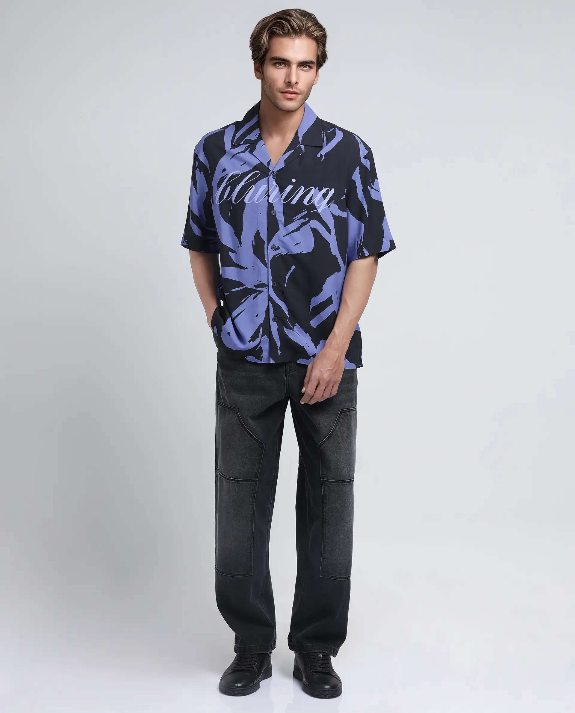 Rare Rabbit Men's Rinz Black Viscose Abstract Print Oversized Fit Half Sleeve Cuban Collar Shirt - Image 3
