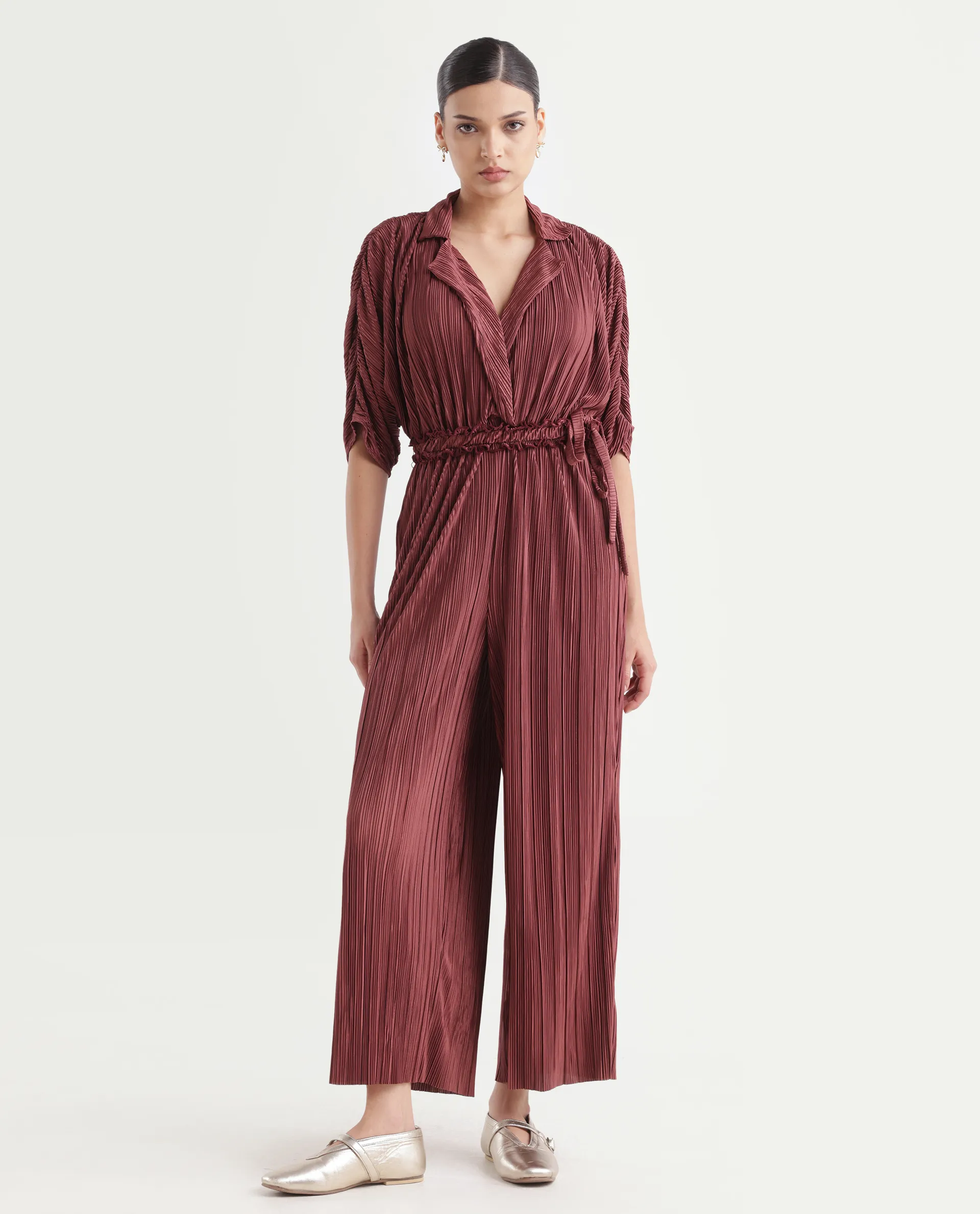 Rareism Women's Rio Brown Lapel Neck Plain Extended Sleeves Maxi Fit And Flare Jumpsuit