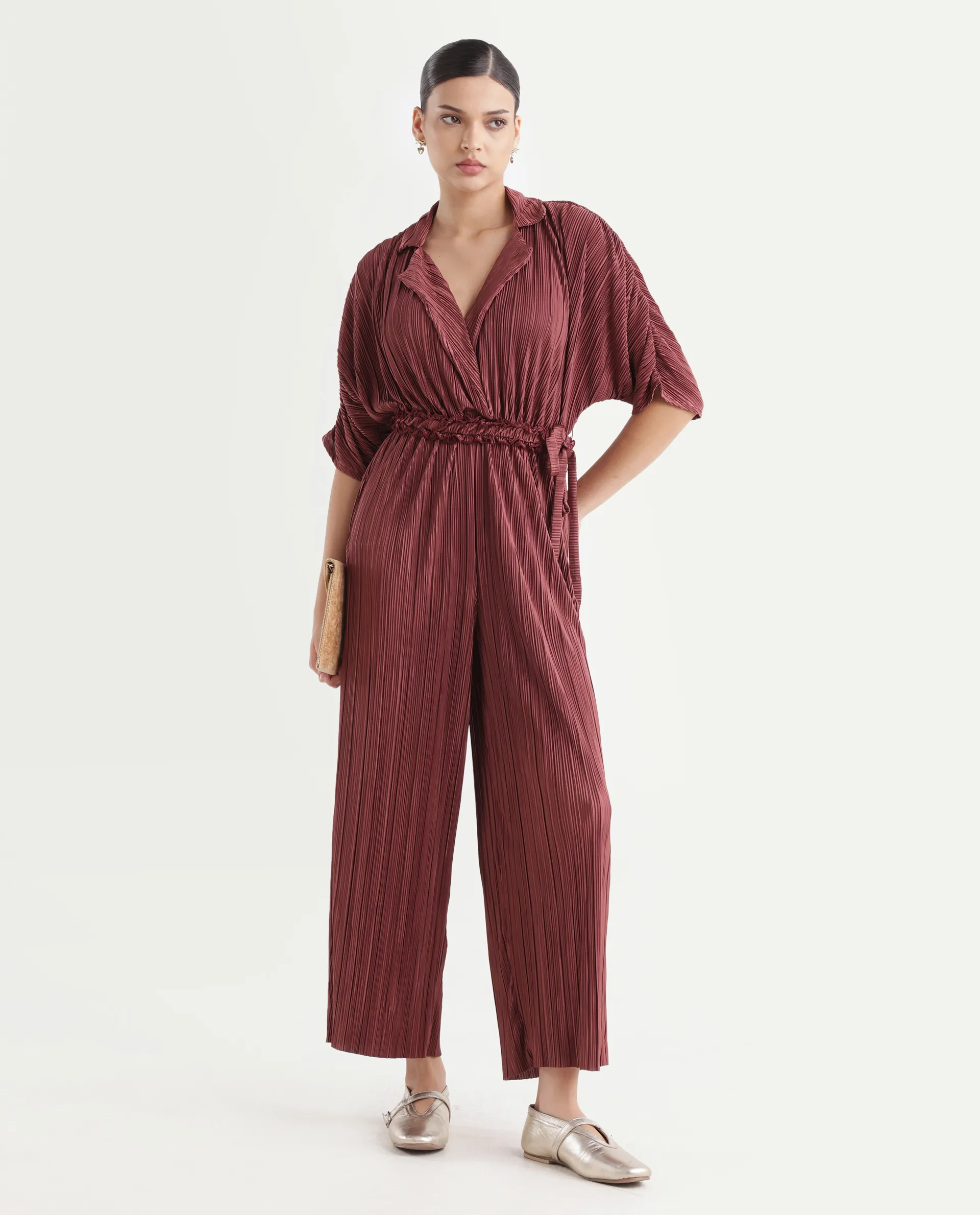 Rareism Women's Rio Brown Lapel Neck Plain Extended Sleeves Maxi Fit And Flare Jumpsuit - Image 2