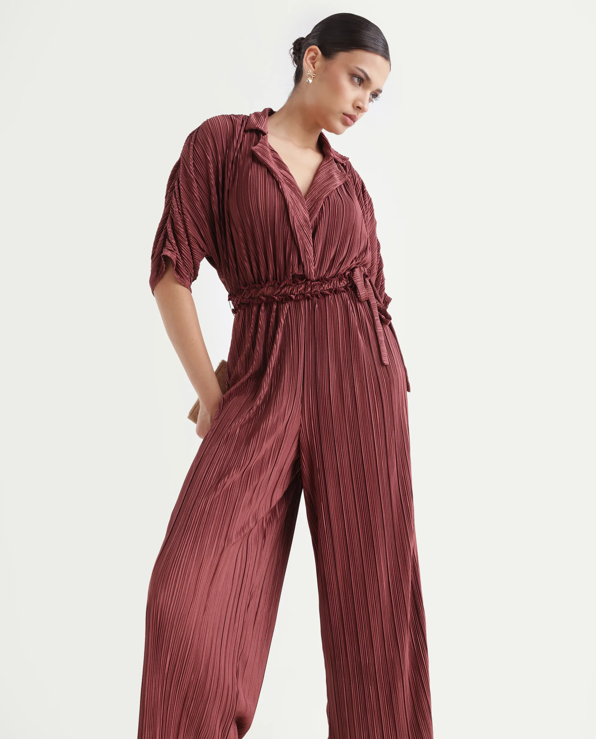Rareism Women's Rio Brown Lapel Neck Plain Extended Sleeves Maxi Fit And Flare Jumpsuit - Image 3