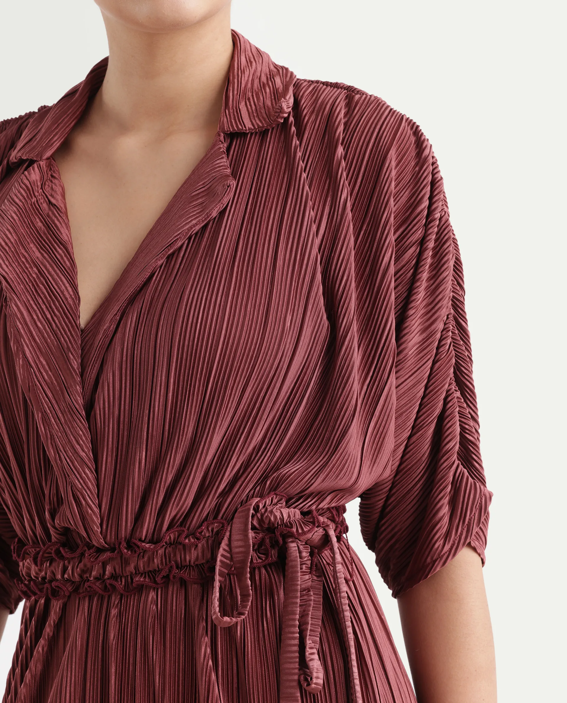 Rareism Women's Rio Brown Lapel Neck Plain Extended Sleeves Maxi Fit And Flare Jumpsuit - Image 4
