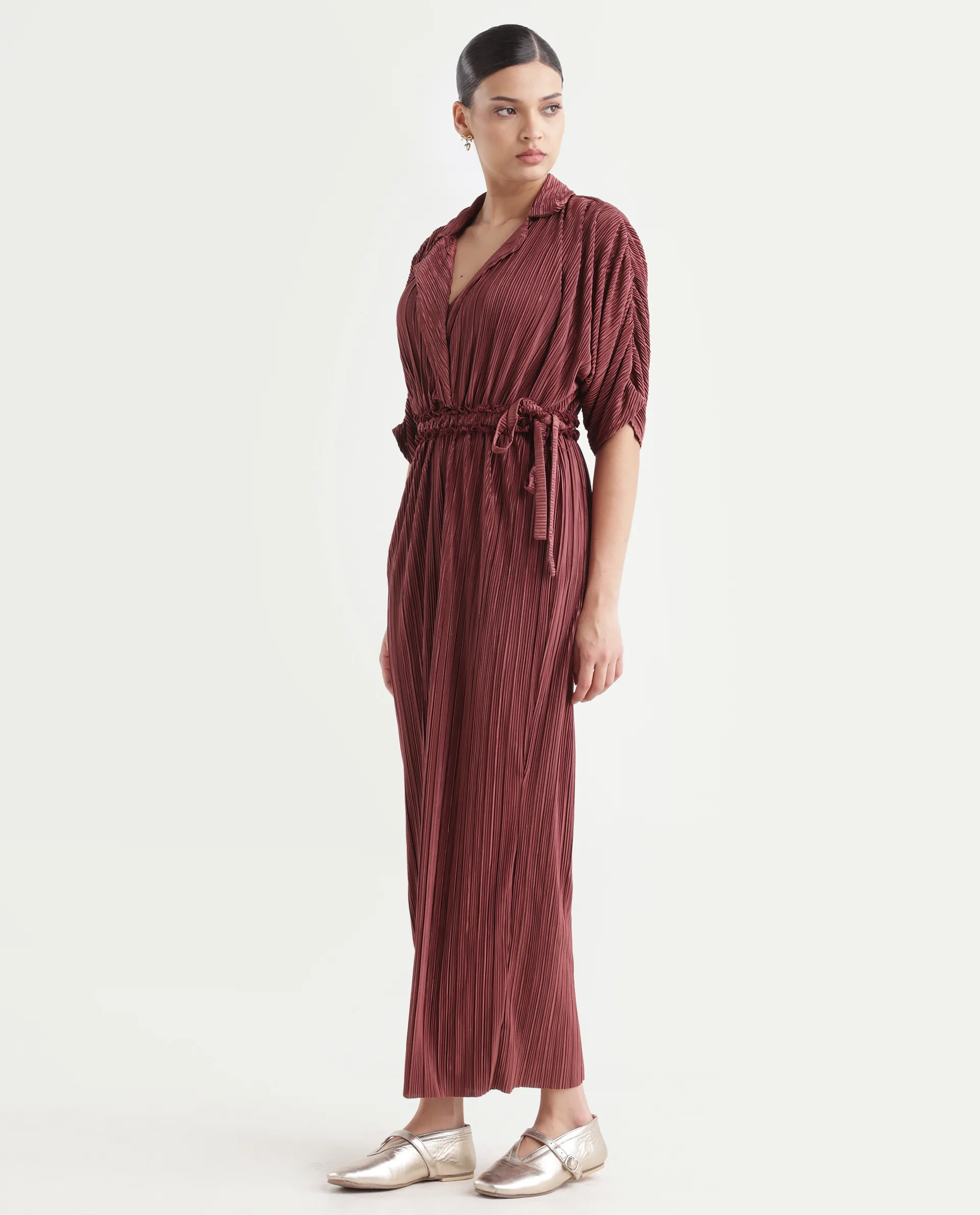 Rareism Women's Rio Brown Lapel Neck Plain Extended Sleeves Maxi Fit And Flare Jumpsuit - Image 5