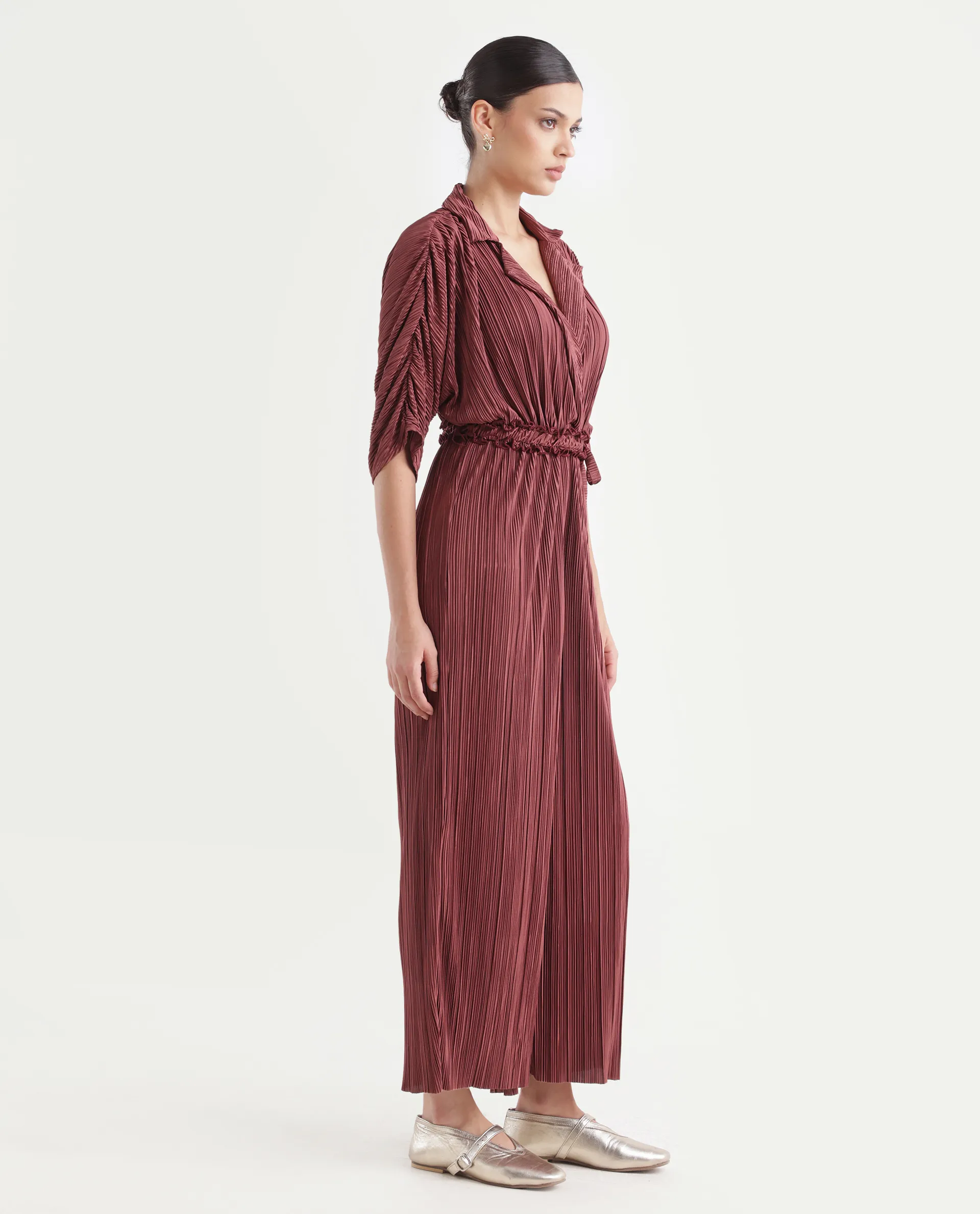 Rareism Women's Rio Brown Lapel Neck Plain Extended Sleeves Maxi Fit And Flare Jumpsuit - Image 6