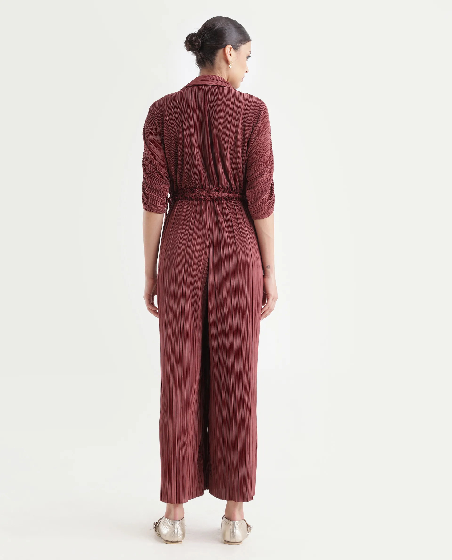 Rareism Women's Rio Brown Lapel Neck Plain Extended Sleeves Maxi Fit And Flare Jumpsuit - Image 7