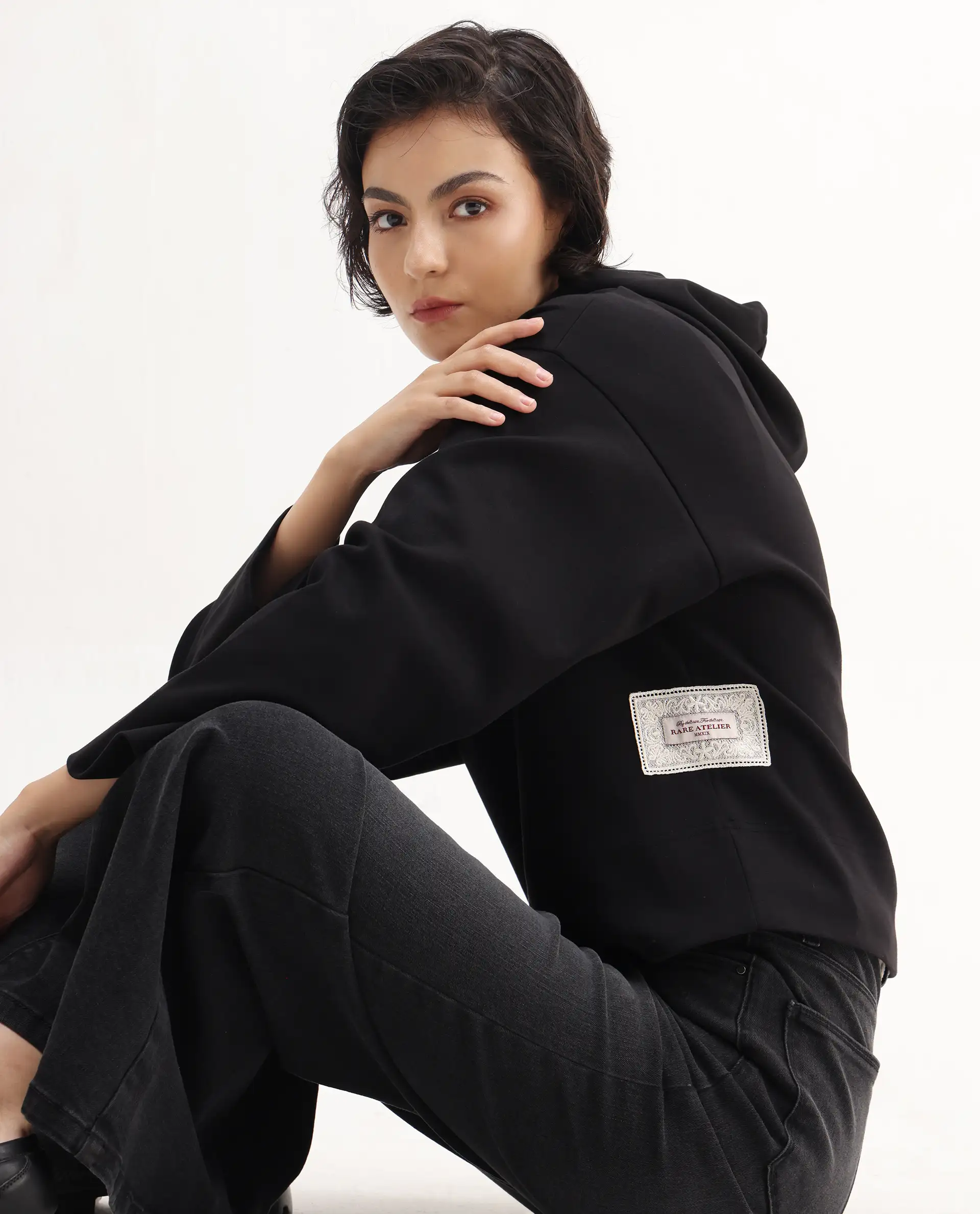 Rareism Women's Rio Black Cotton Blend Hooded Regular Fit Printed Sweatshirt