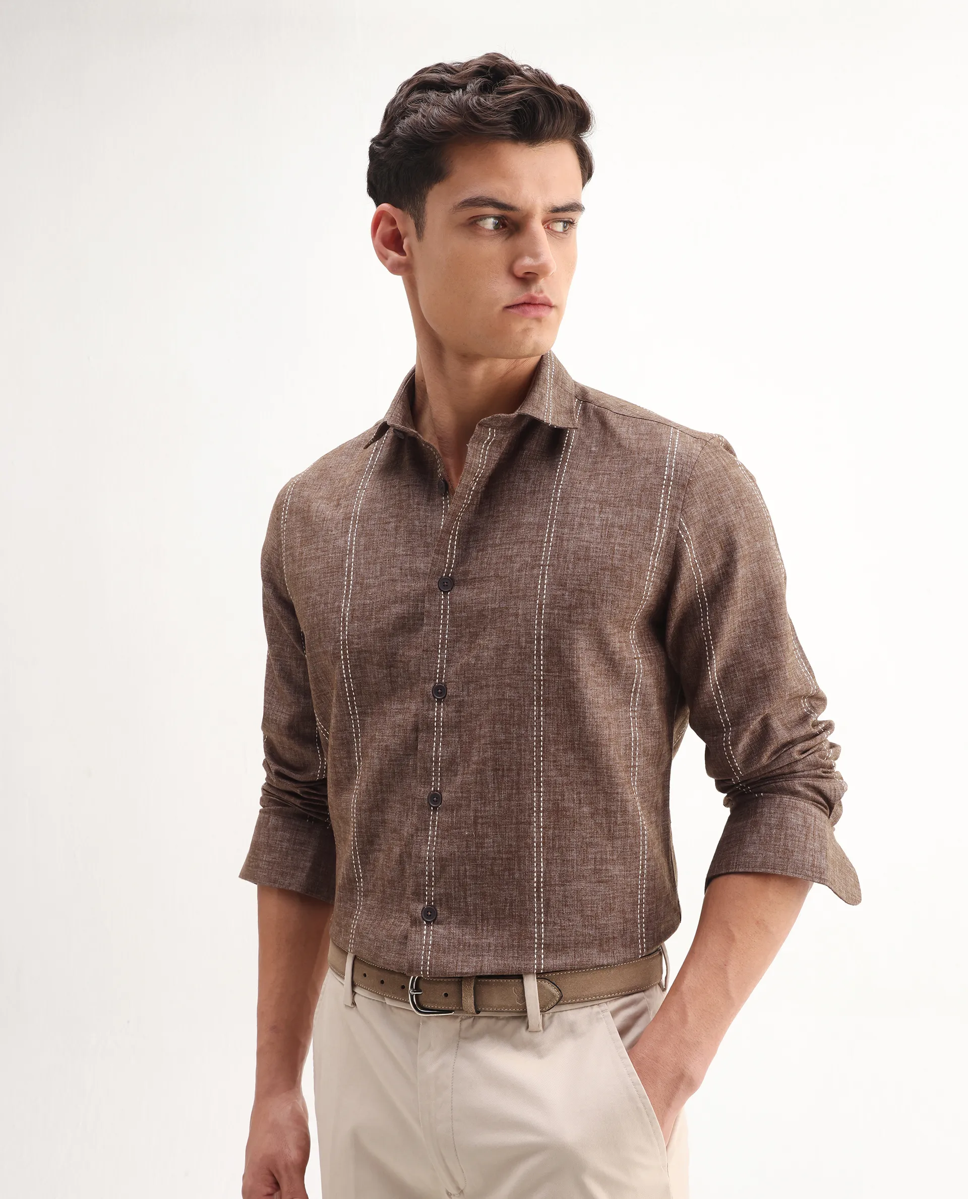 Rare Rabbit Men's Riog Brown Poly Blend Striped Print Regular Fit Full Sleeve Collared Shirt