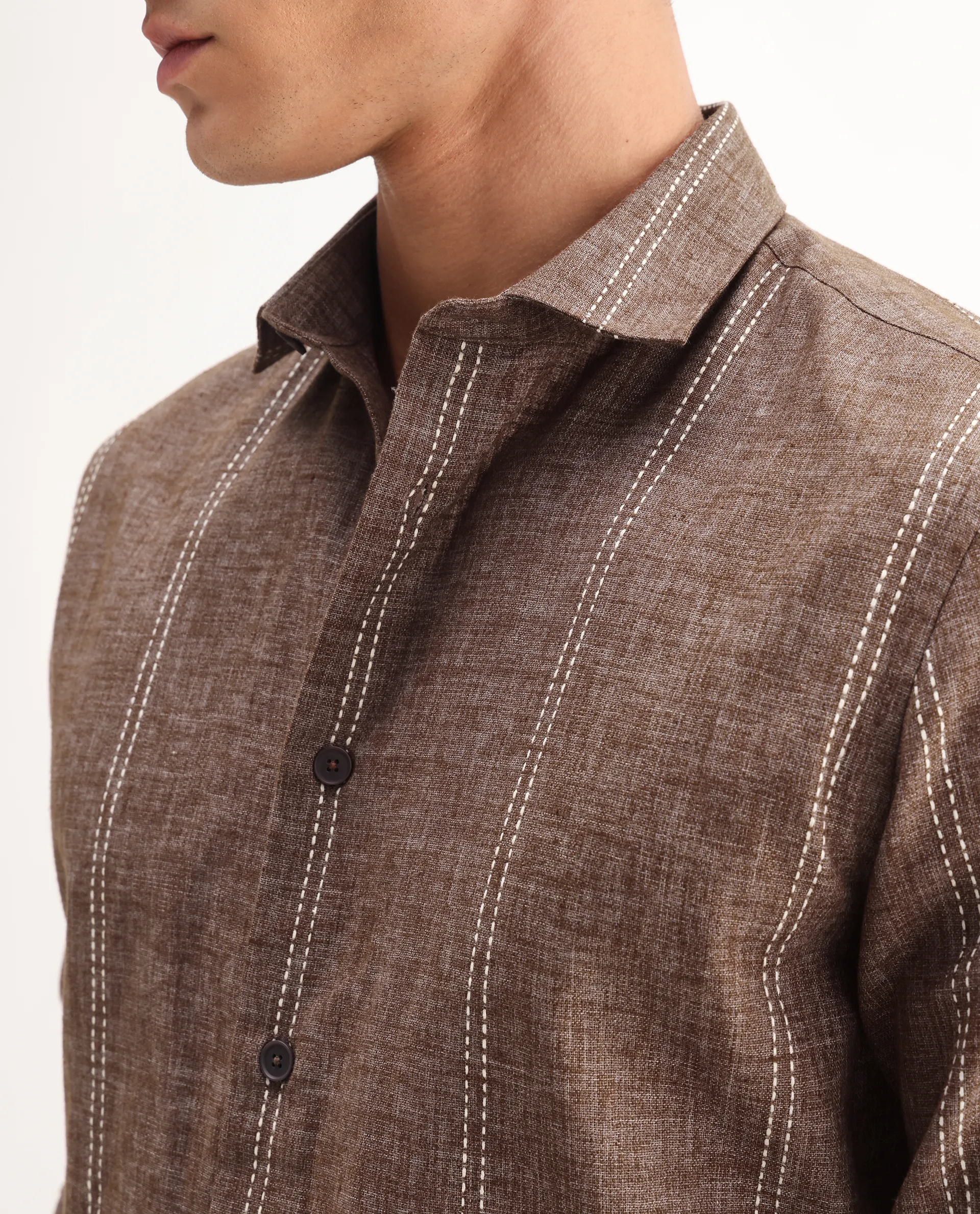 Rare Rabbit Men's Riog Brown Poly Blend Striped Print Regular Fit Full Sleeve Collared Shirt - Image 3