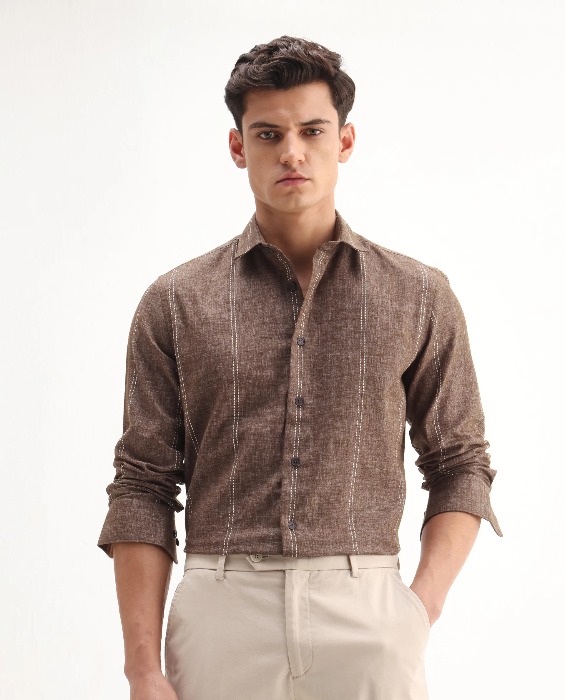 Rare Rabbit Men's Riog Brown Poly Blend Striped Print Regular Fit Full Sleeve Collared Shirt - Image 4