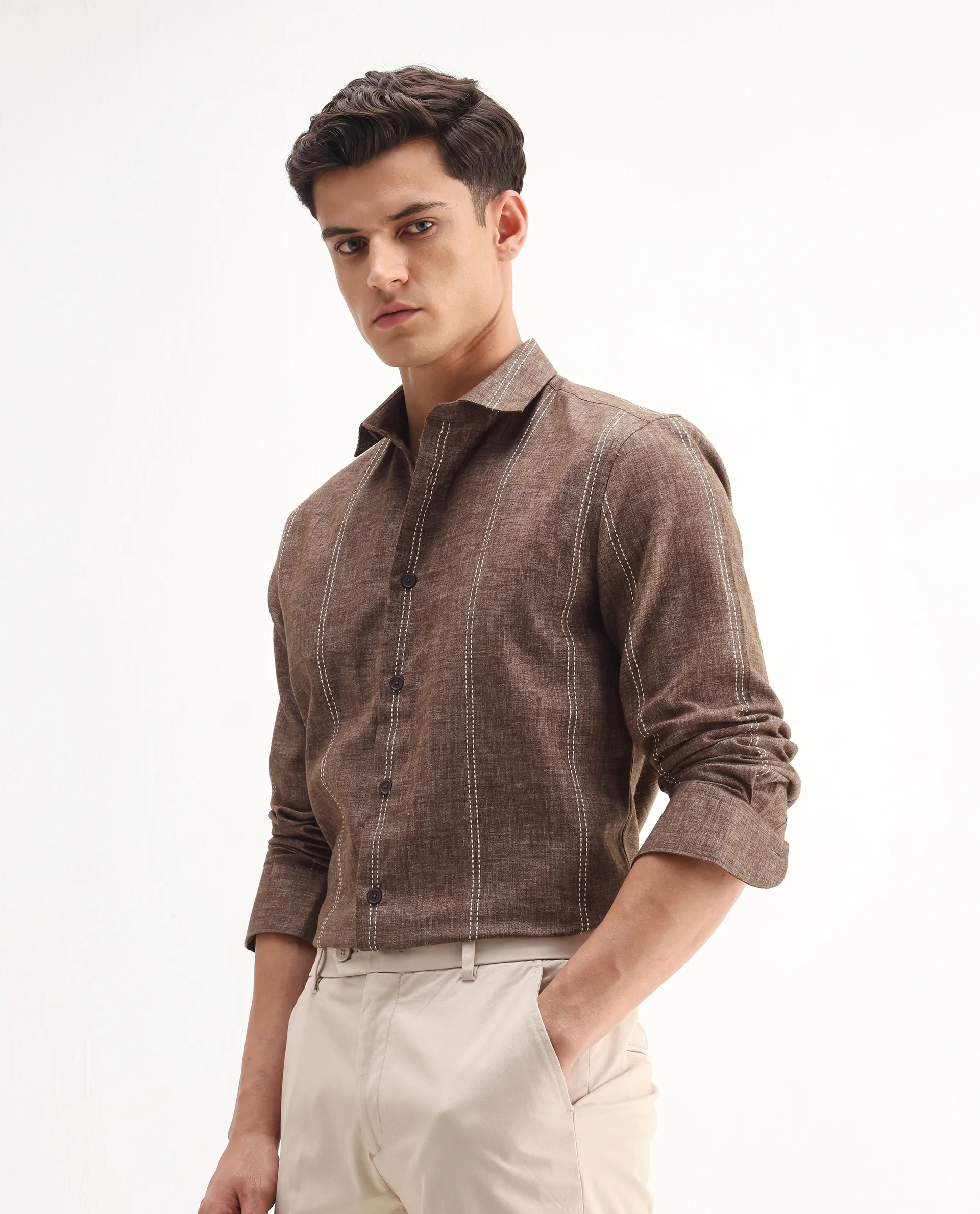 Rare Rabbit Men's Riog Brown Poly Blend Striped Print Regular Fit Full Sleeve Collared Shirt - Image 5