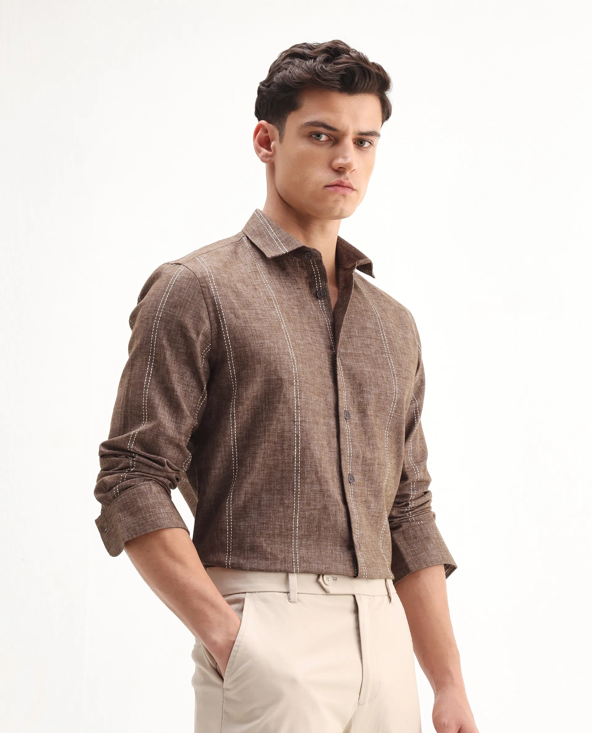 Rare Rabbit Men's Riog Brown Poly Blend Striped Print Regular Fit Full Sleeve Collared Shirt - Image 6