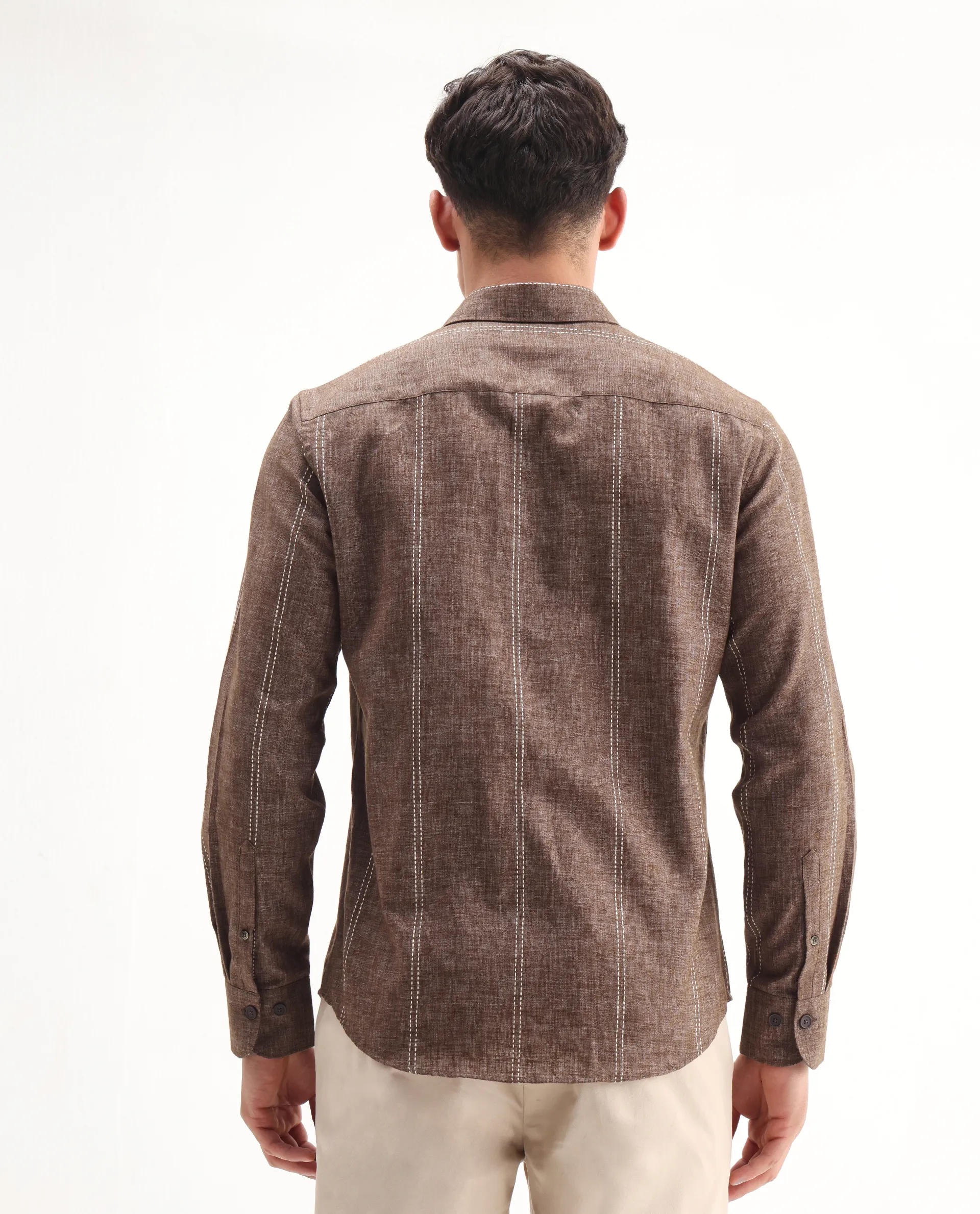 Rare Rabbit Men's Riog Brown Poly Blend Striped Print Regular Fit Full Sleeve Collared Shirt - Image 7