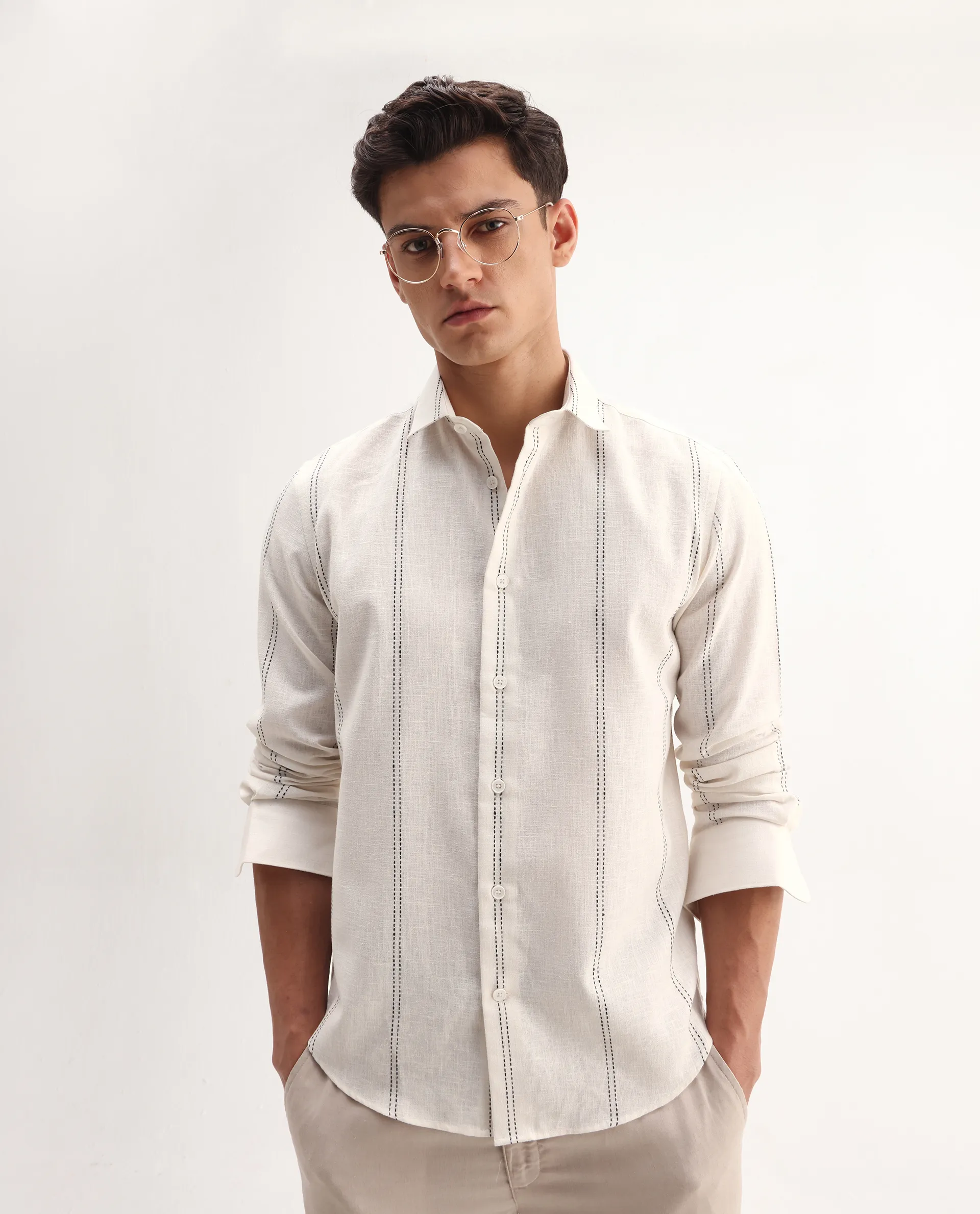 Rare Rabbit Men's Riog White Poly Blend Striped Print Regular Fit Full Sleeve Collared Shirt