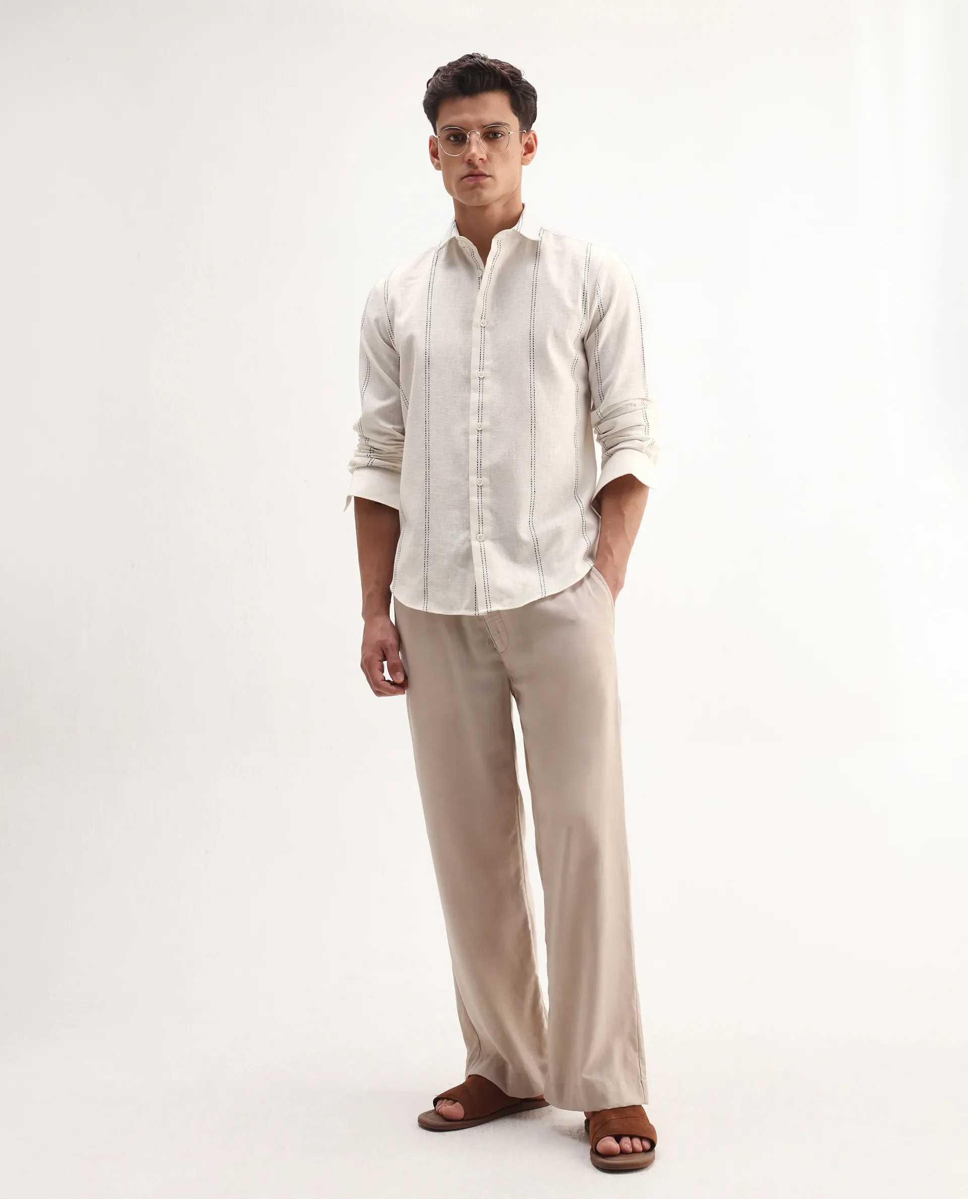 Rare Rabbit Men's Riog White Poly Blend Striped Print Regular Fit Full Sleeve Collared Shirt - Image 2