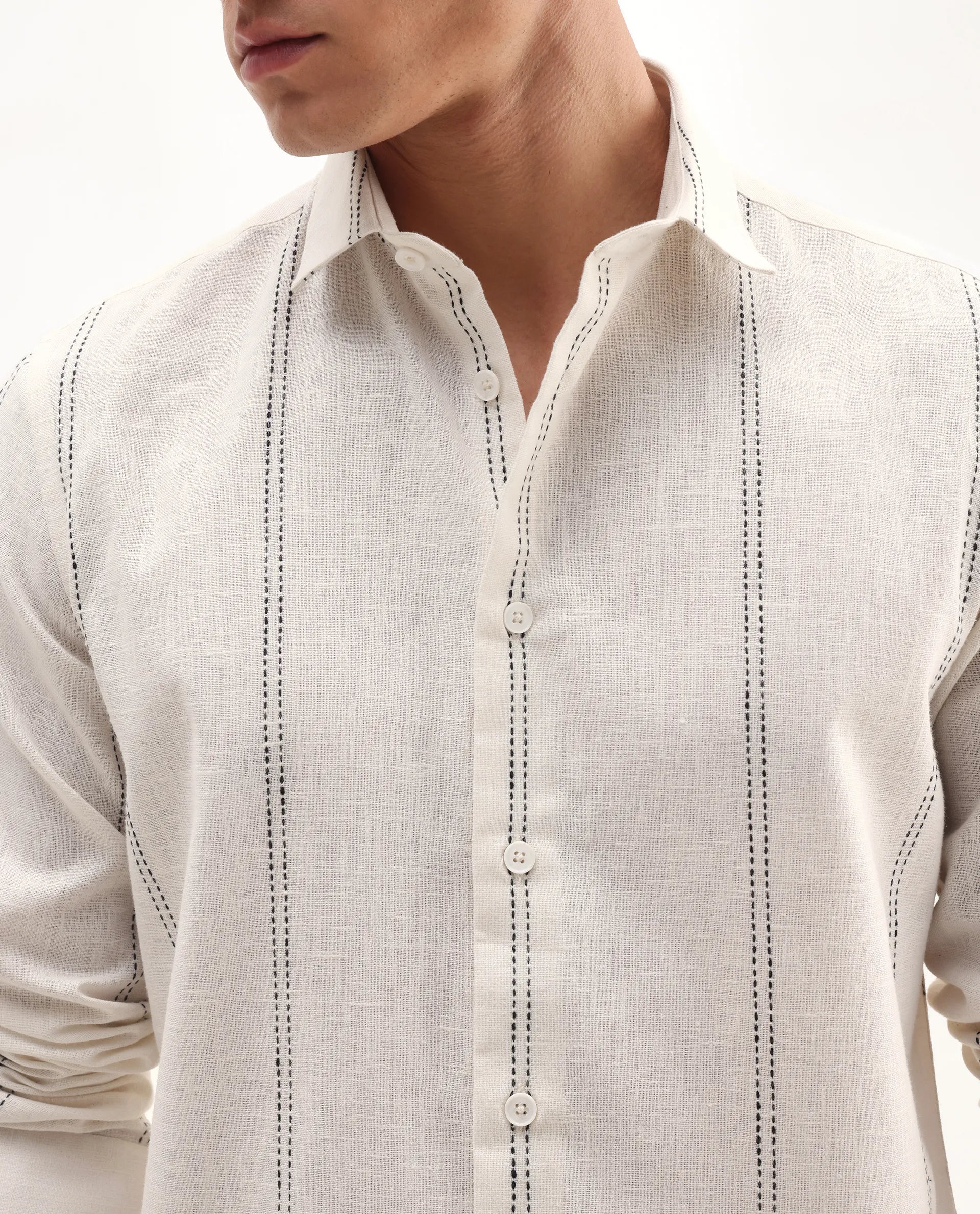 Rare Rabbit Men's Riog White Poly Blend Striped Print Regular Fit Full Sleeve Collared Shirt - Image 3