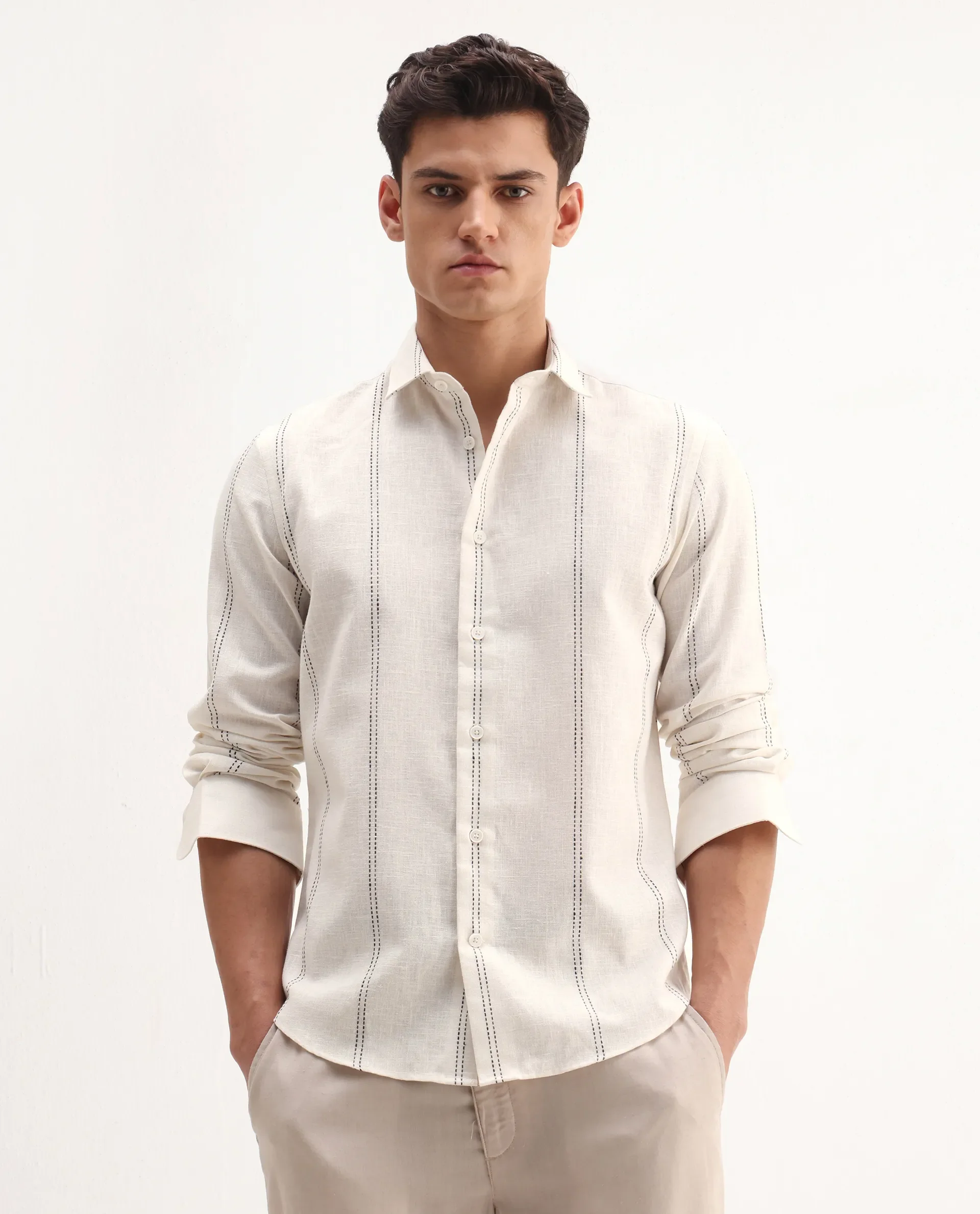 Rare Rabbit Men's Riog White Poly Blend Striped Print Regular Fit Full Sleeve Collared Shirt - Image 4