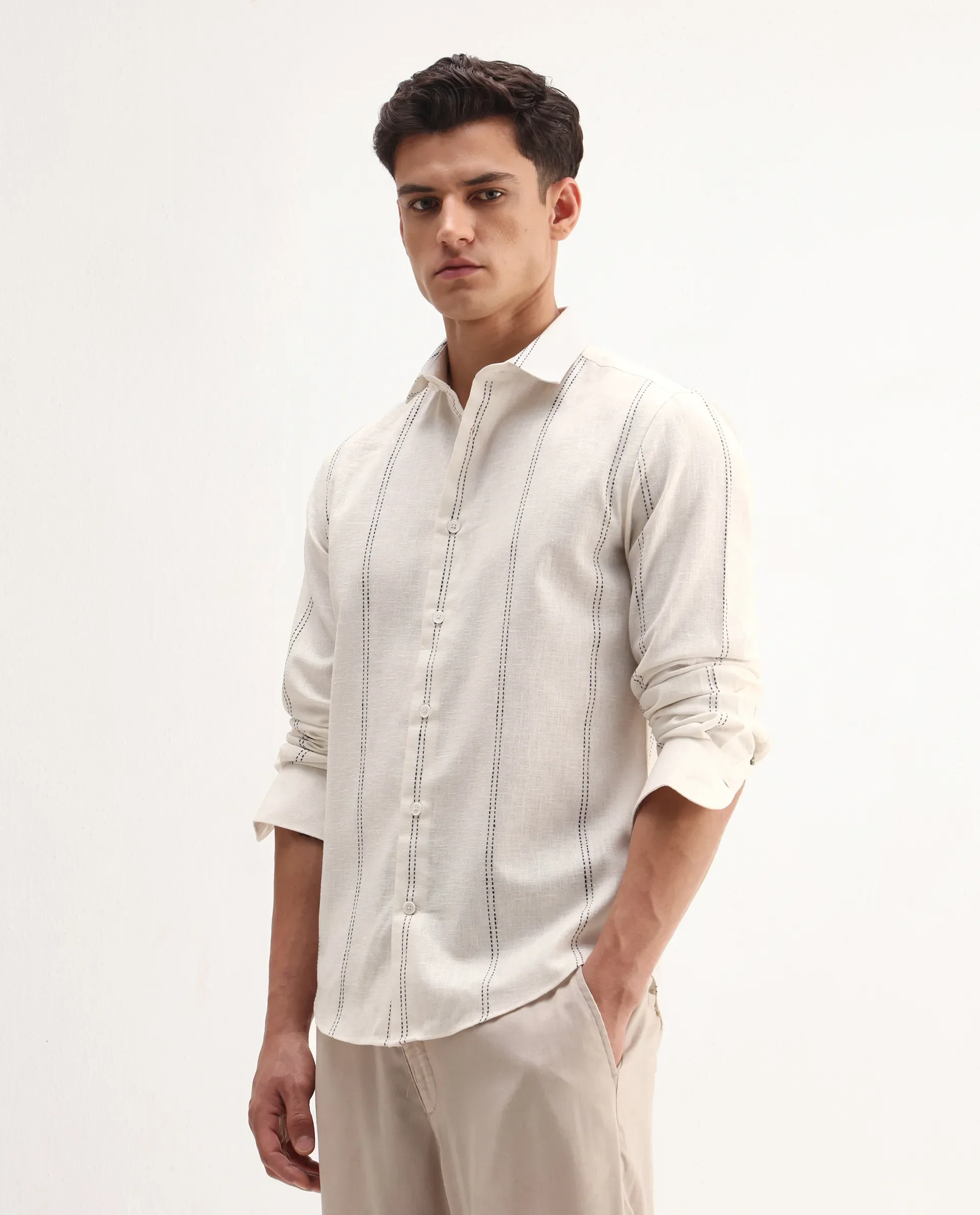 Rare Rabbit Men's Riog White Poly Blend Striped Print Regular Fit Full Sleeve Collared Shirt - Image 5