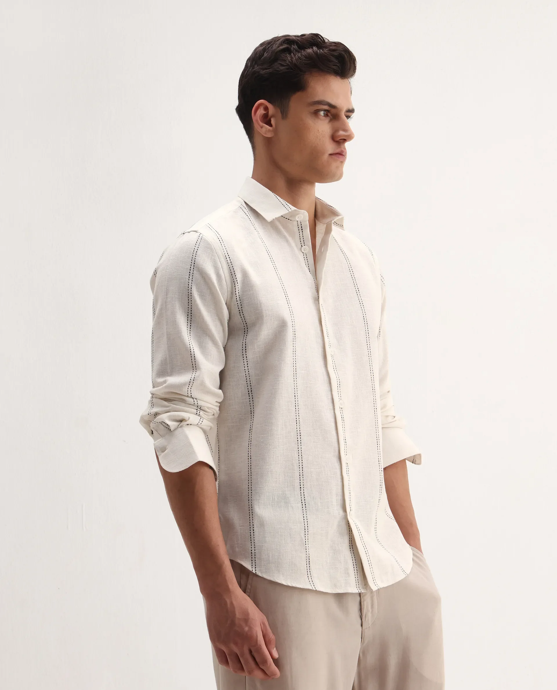 Rare Rabbit Men's Riog White Poly Blend Striped Print Regular Fit Full Sleeve Collared Shirt - Image 6