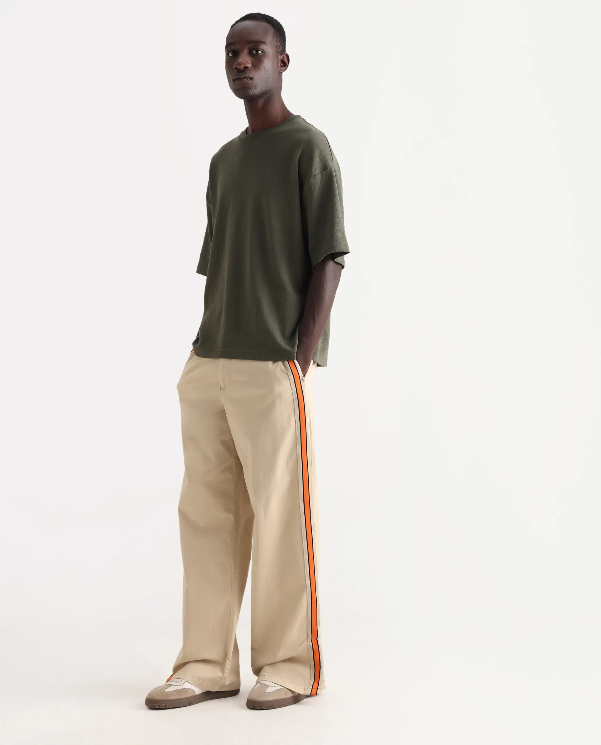 Rare Rabbit Men's Riol Beige Cotton Blend Plain Wide Leg Trouser - Image 4