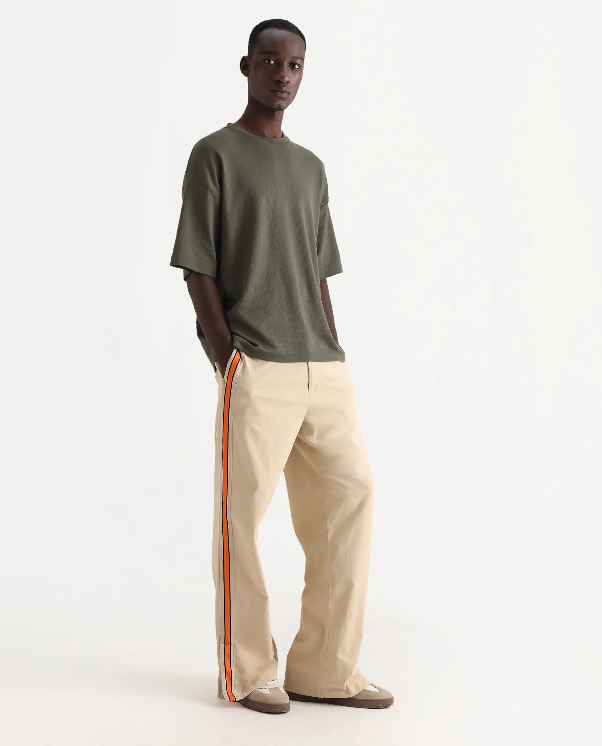 Rare Rabbit Men's Riol Beige Cotton Blend Plain Wide Leg Trouser - Image 6